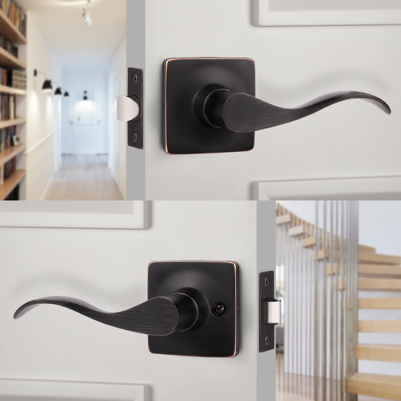 GobeKOR 6 Pack Oil Rubbed Bronze Keyless Passage Lever Door Handle with Lock - Square Interior Door Lever for Bedroom, Bathroom & Closet - Easy Installation & Secure Privacy Lock