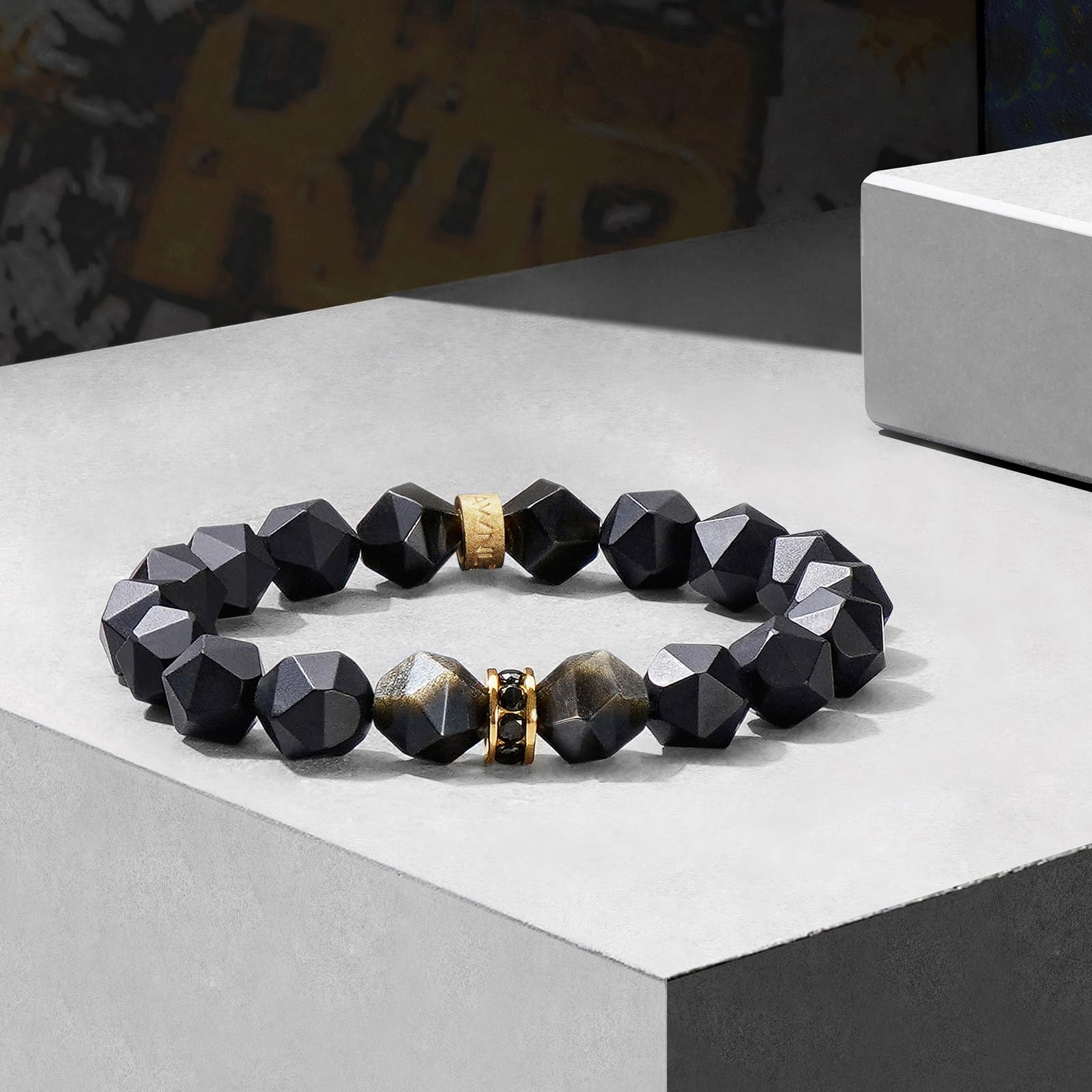 Men's Beaded Bracelet with Tiger Eye, Onyx & Obsidian Natural Gemstones (10mm) - Premium Sterling Silver Protection Charm, Handmade Stretch Bracelet Gift for Men (5.9''-8'') - Perfect for Yoga, Meditation & Spiritual Healing
