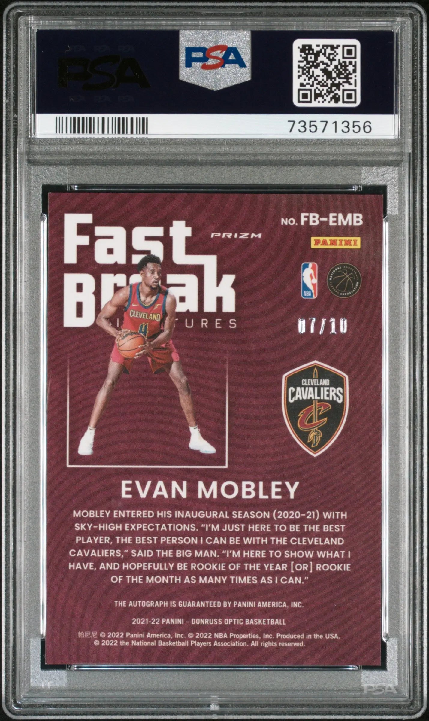 2021 Donruss Optic Fast Break Evan Mobley Rookie Card Gold Autograph PSA 10/10 - Rare Basketball Collectible for Investment & Display