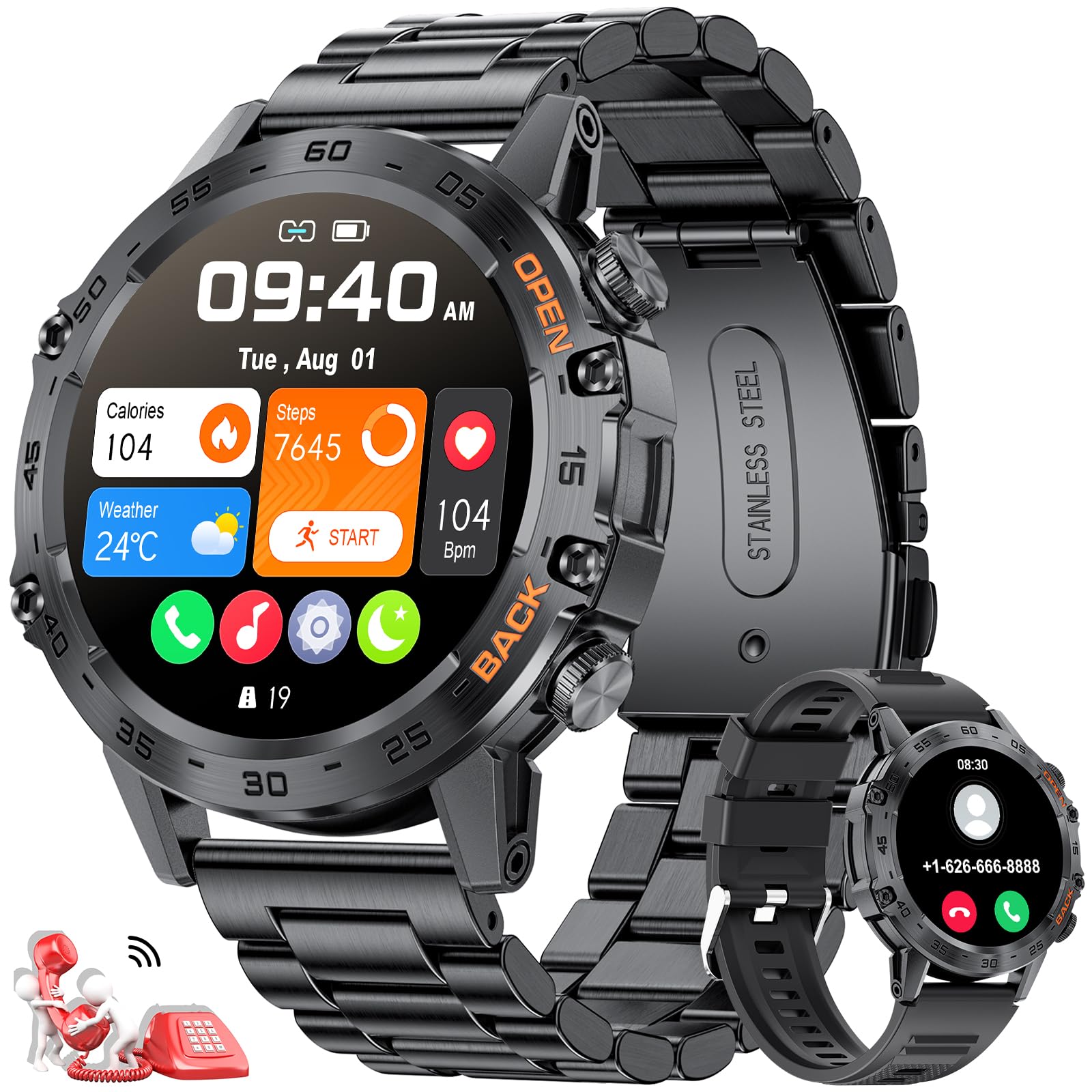 FEELNEVER Smart Watch for Men - Military Tactical Fitness Tracker with Wireless Call, Heart Rate, SpO2, Blood Pressure & Sleep Monitor | IP67 Waterproof Smartwatch Compatible with Android & iPhone | Perfect for Outdoor Activities, Workouts & Daily Health Tracking - Black