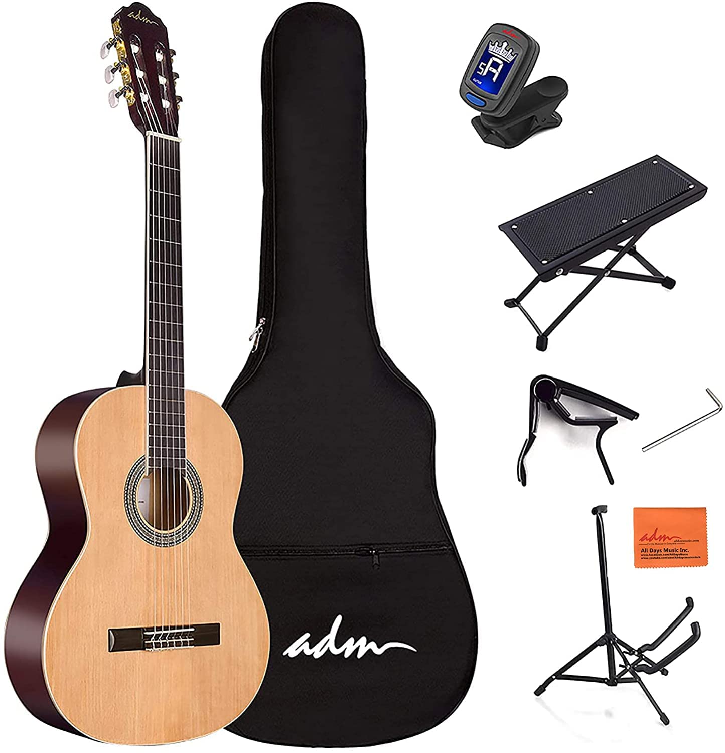 ADM Full Size Classical Acoustic Guitar with Nylon Strings (29 x 75 x 50mm) - Complete Starter Bundle for Adults & Beginners Including Gig Bag, Tuner, Footstool & Free Lessons - Perfect for Home Practice, Music Classes & Performances
