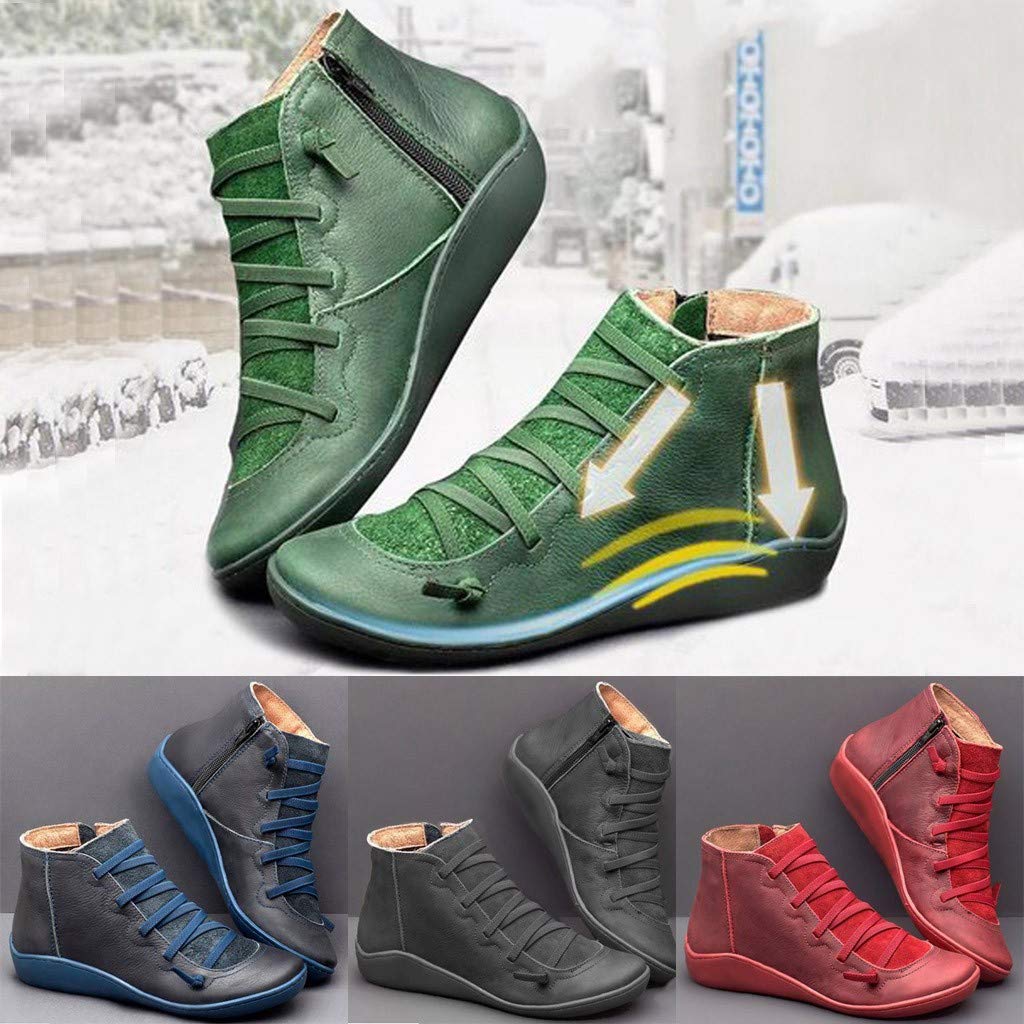 Women's Vintage Ankle Booties - Flat Heel Lace Up & Side Zip Fashion Boots with Arch Support | Casual Outfits, Fall Winter Shoes, Office & Date Night Footwear