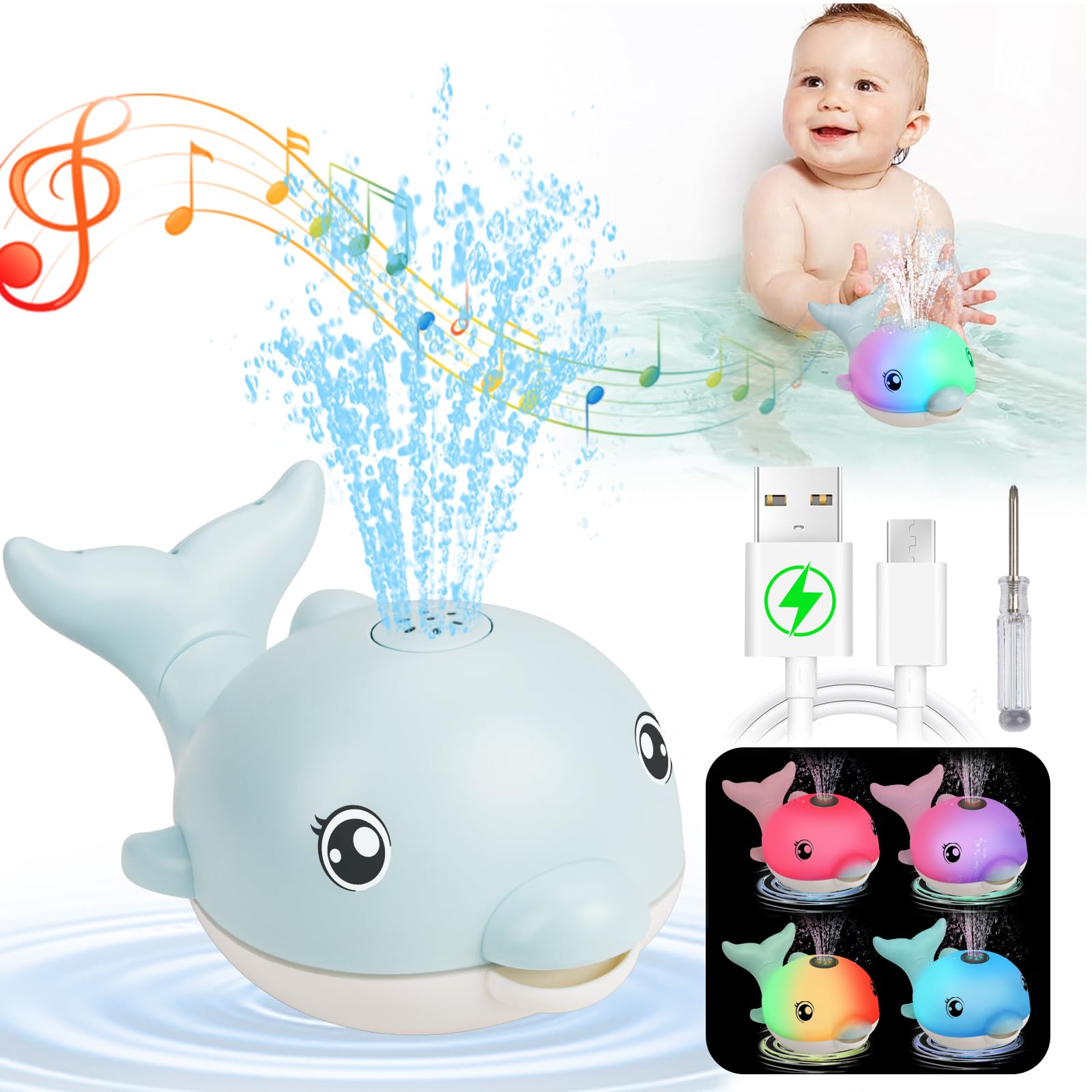 Rechargeable Light Up Dolphin Bath Toys for Babies 6-18 Months - Musical Sprinkler Bathtub Toys for Toddlers 1-4 Years Old Boys & Girls | Easter Basket Stuffers & Sensory Play Water Toys for Infants (Blue)