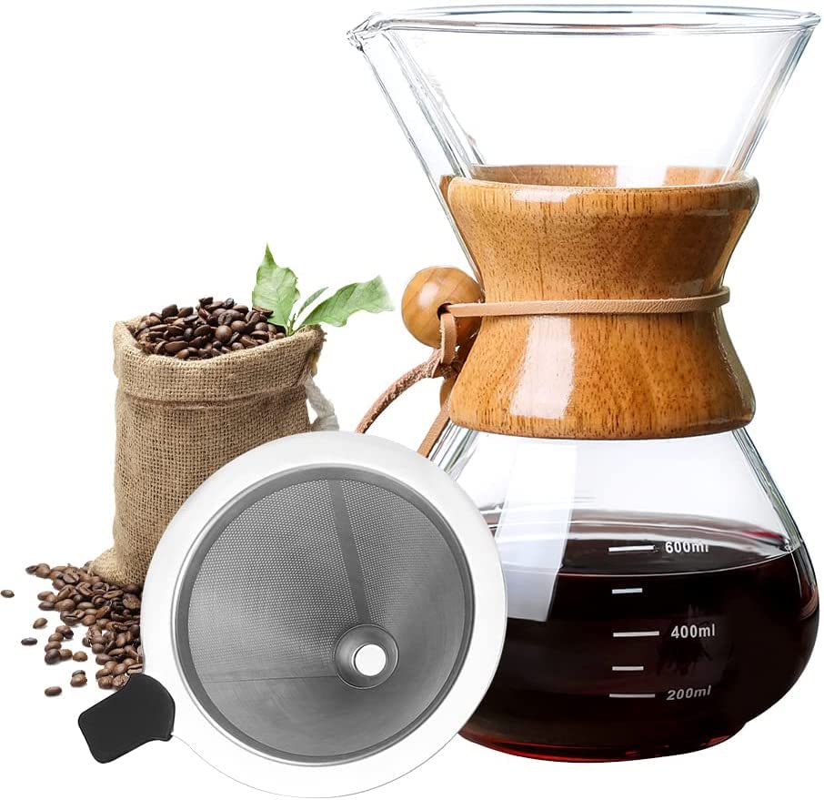 Premium Pour Over Coffee Maker with 304 Stainless Steel Filter & Reusable Glass Carafe - 21oz/600ml Manual Drip Coffee Brewer with Wooden Handle - Perfect for Home, Office & Camping Coffee Brewing