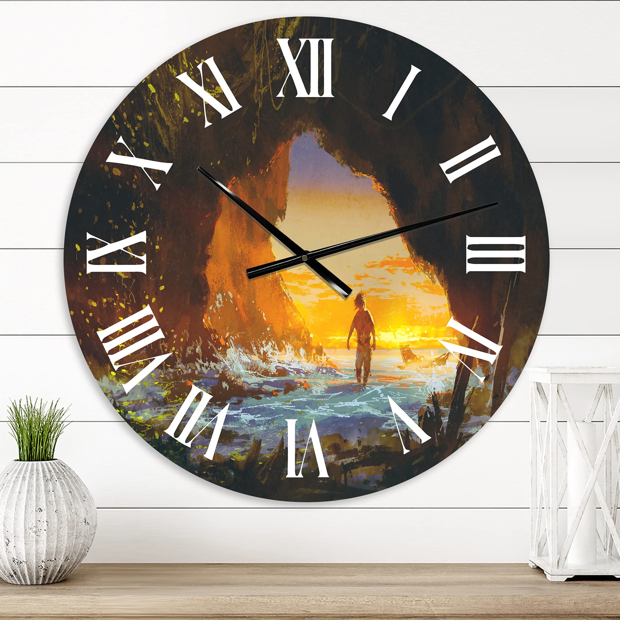 Large Coastal Wall Clock - 'Man Walking in Sea Cave at Sunset' - Nautical & Nature Decor for Living Room, Bedroom, Office | Perfect for Beach House, Coastal Theme & Home Décor