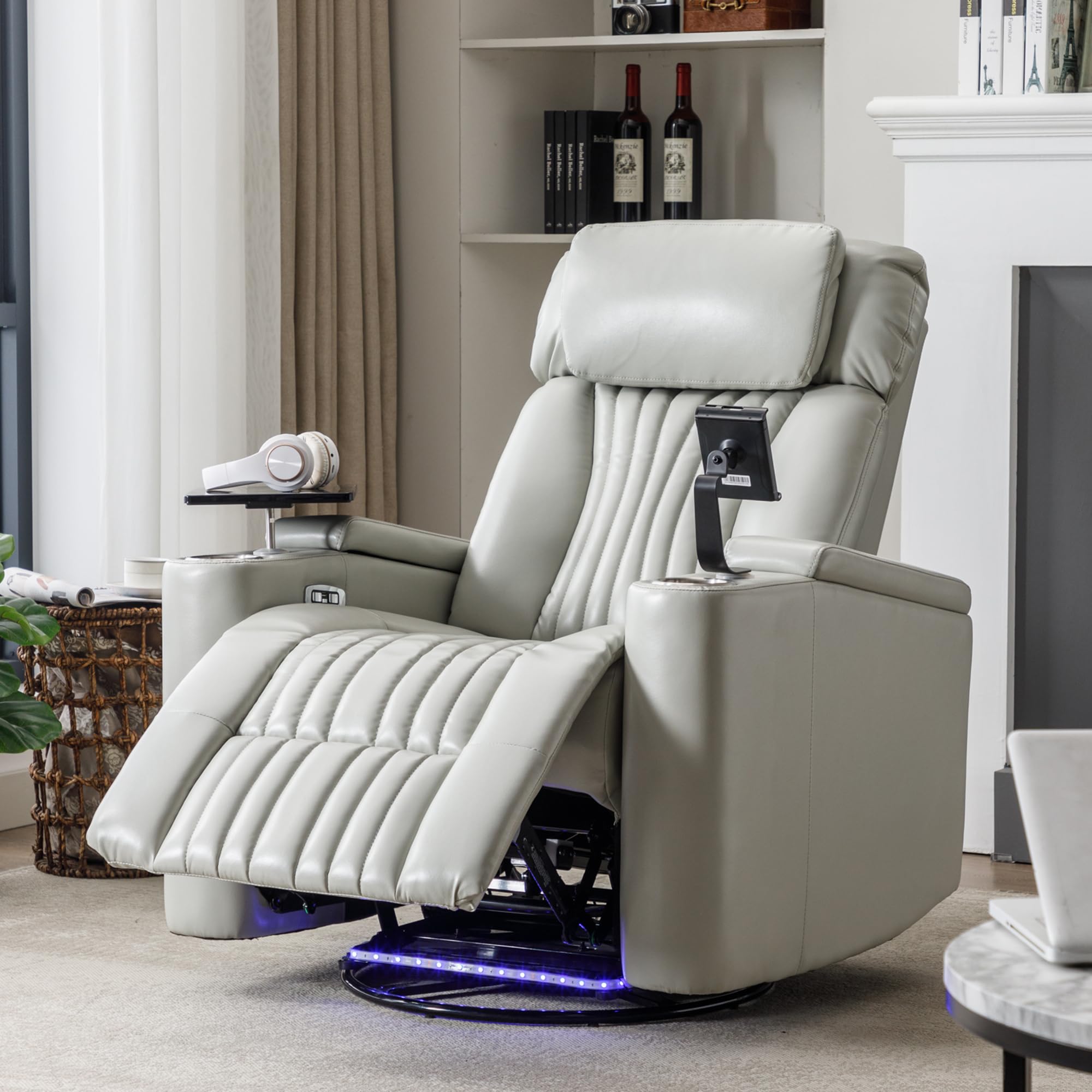 P PURLOVE 270° Power Swivel Recliner Home Theater Seat - PU Leather Power Recliner with Hidden Arm Storage, LED Light Strip, Cup Holder, 360° Swivel Tray & Phone Holder - Grey - Perfect for Home Cinema, Gaming & Living Room Relaxation
