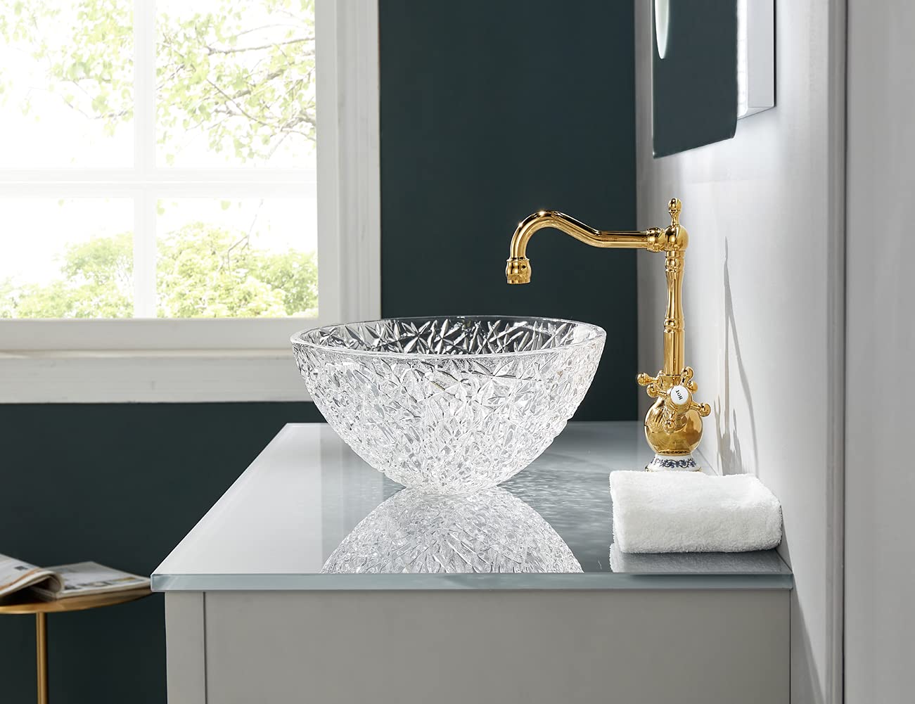 Premium Crystal Glass Vessel Sink - Oval Ice Clear Bathroom Vanity Countertop Sink with Pop-Up Drain | Glossy Surface Finish | Modern Luxury for Spa, Hotel & Upscale Home Bathrooms | FW-LA619