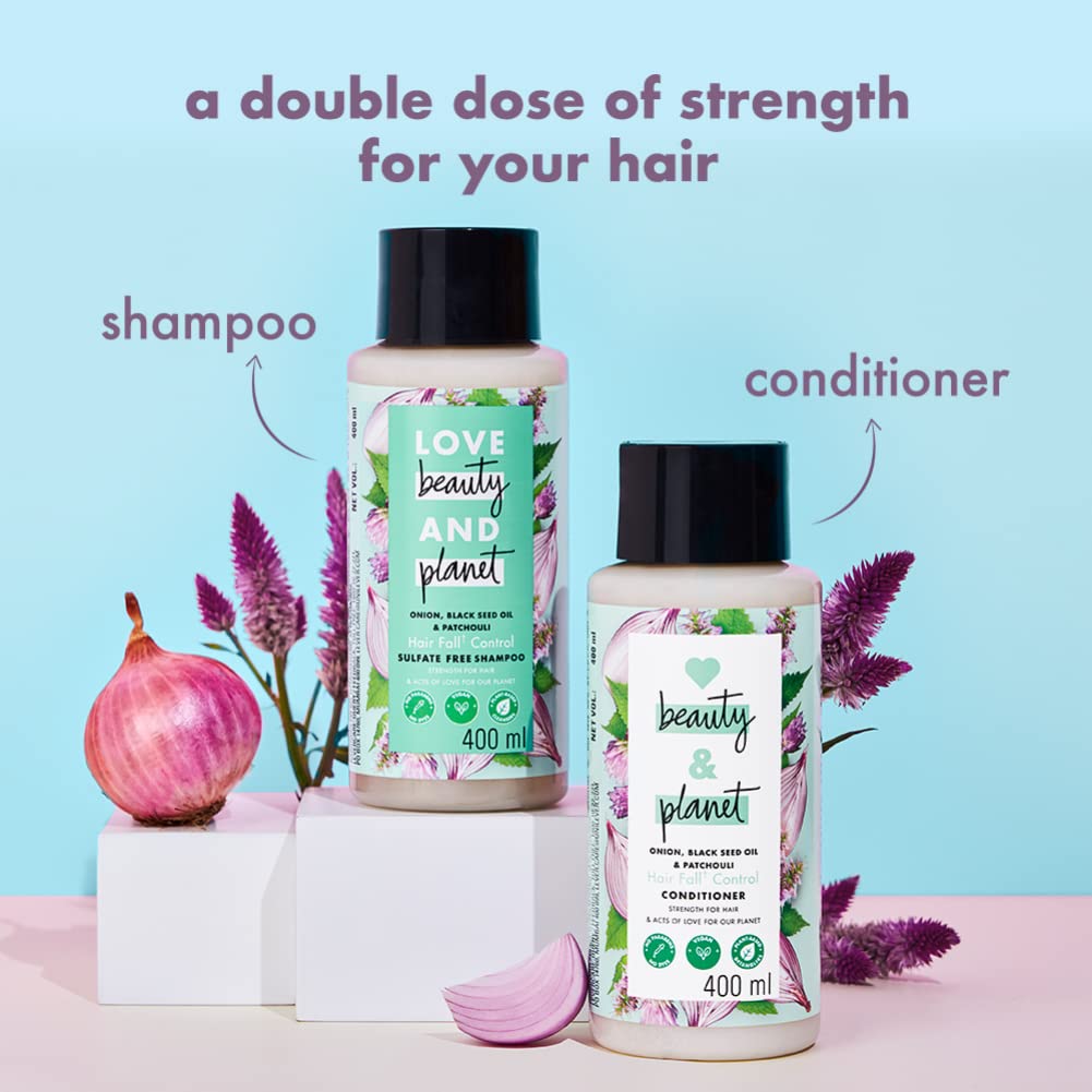 Love Beauty & Planet Onion Oil, Black Seed Oil & Patchouli Hair Fall Control Shampoo & Conditioner Set (200ml) - Paraben & Dye Free with Essential Oils for Thicker, Stronger Hair - Perfect for Daily Hair Care & Scalp Nourishment