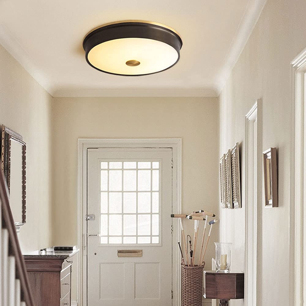 Modern American Style LED Ceiling Light - Black Gold Round Flush Mount Fixture with Glass Shade & Full Copper Base | Neutral Color Temperature (3000K-4000K) | Perfect for Living Room, Bedroom, Dining Room & Hallway Lighting