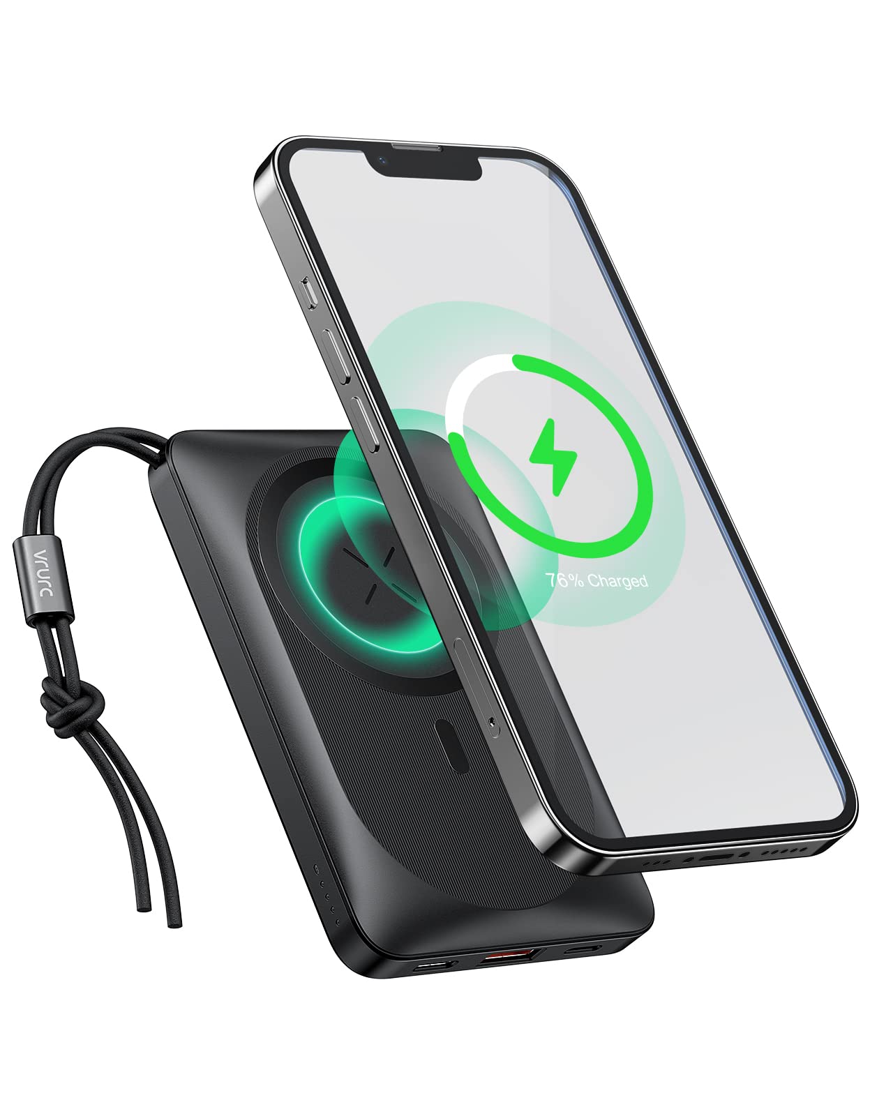 VRURC 10000mAh Magnetic Wireless Portable Charger - PD 20W Fast Charging Power Bank with USB-C & Finger Holder for iPhone 15/14/13/12 Pro/Pro Max/Plus/Mini - Perfect for Travel, Work & Outdoor Activities (Black)