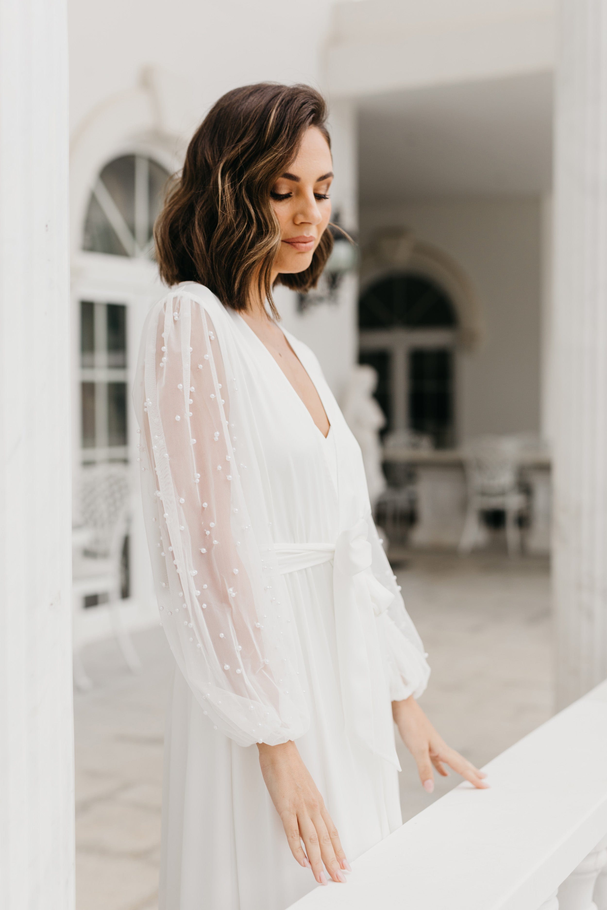 Sophia Hand Beaded Pearl Sleeve Maxi Robe with Slip - Elegant Formal Evening Gown for Weddings, Galas & Special Occasions