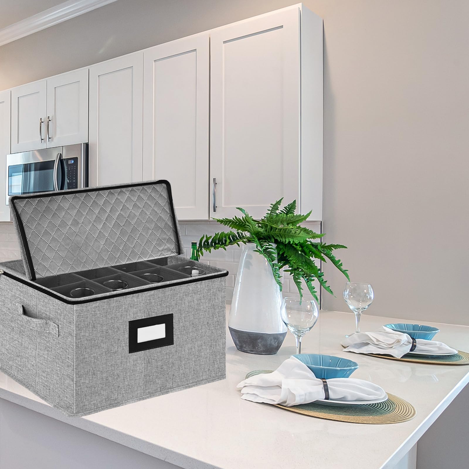 VERONLY 12-Piece Wine Glass Storage Box with Dividers - Hard Shell Quilted Protector for Stemware, Crystal & Glassware - Stackable, Light Grey - Perfect for Home Bar, Kitchen Organization & Party Serving