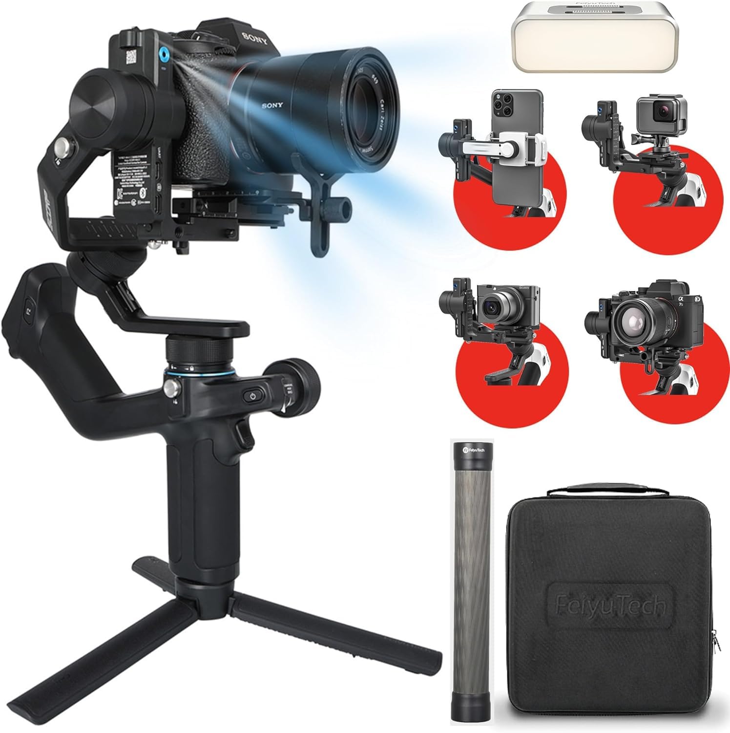 FeiyuTech SCORP Mini 2 Kit - 3-Axis AI Camera Gimbal Stabilizer with Fill Light for Sony Canon Nikon DSLR, Action Cam & Smartphone | Native Vertical Shooting, Includes Carry Bag & Extension Pole | Perfect for Vlogging, Live Streaming & Travel Videography