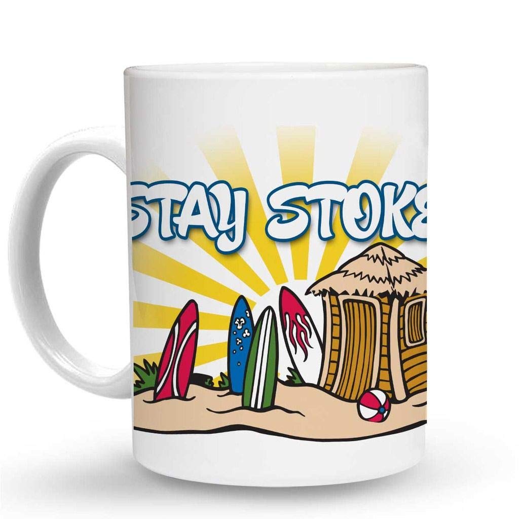 Makoroni - STAY STOKED Surf Mug - 11 Oz. Ceramic Coffee Cup for Surfers & Beach Lovers - Perfect for Morning Coffee, Office Use & Beach Trips
