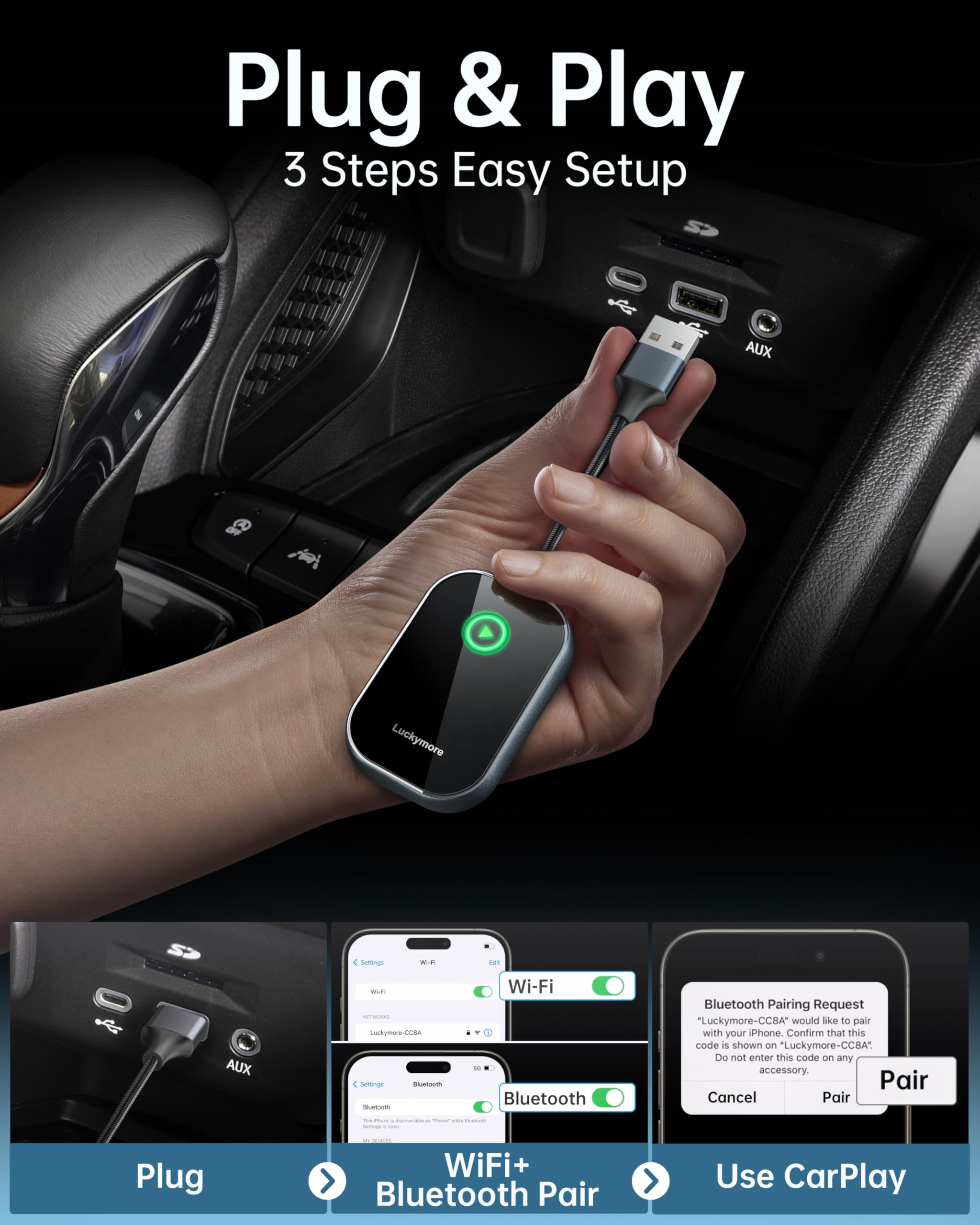 Luckymore Wireless CarPlay Adapter - Convert Wired to Wireless CarPlay Dongle for iPhone iOS 10+ | Plug & Play | Compatible with Cars 2017+ | Perfect for Hands-Free Driving & Music Streaming