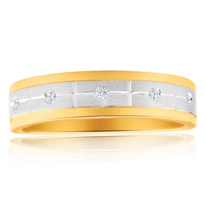 9ct Yellow Gold & White Gold Men's Diamond Ring - 0.05 Carat Round Cut Diamond Wedding Band for Men - Perfect for Engagement, Anniversary & Special Occasions