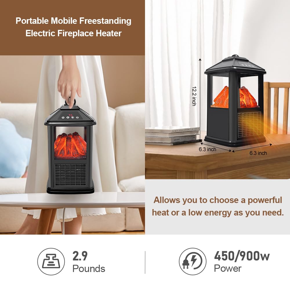 Mini Electric Fireplace Heater - Portable Freestanding 3D Flame Indoor Space Heater with Remote, Timer & Thermostat - Perfect for Bedroom, Living Room & Office Warming Decor
