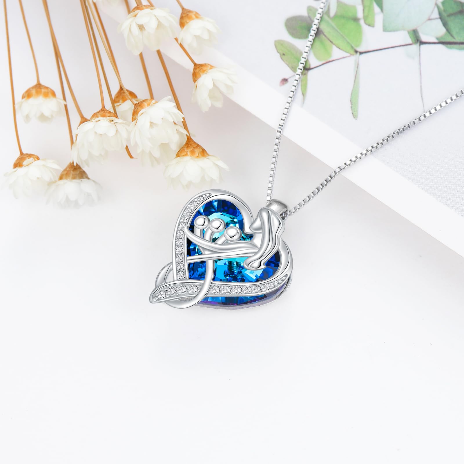 TOUPOP Sterling Silver Family Pendant Necklace with Blue Crystal - Thoughtful Jewelry Gift for Mom, Women (Christmas, Birthday, Mother's Day) - Perfect for Special Occasions & Everyday Elegance