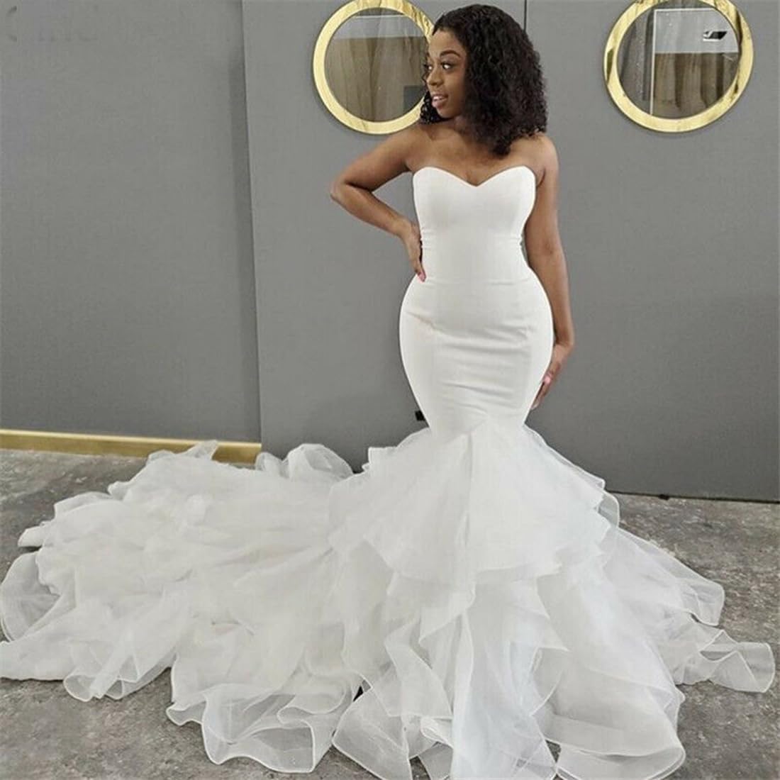 XYAYE Strapless Satin Mermaid Wedding Dress with Cascading Ruffles - Elegant Bridal Gown for Beach, Church & Formal Weddings