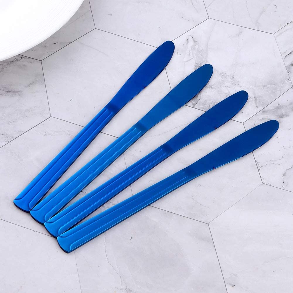 Premium Stainless Steel Dinner Knives Set of 12 - Elegant Blue Silverware Flatware with Line Design, Titanium Coated Steak Knives for Restaurant, Wedding & Catering | Perfect for Fine Dining, Home Entertaining & Professional Use