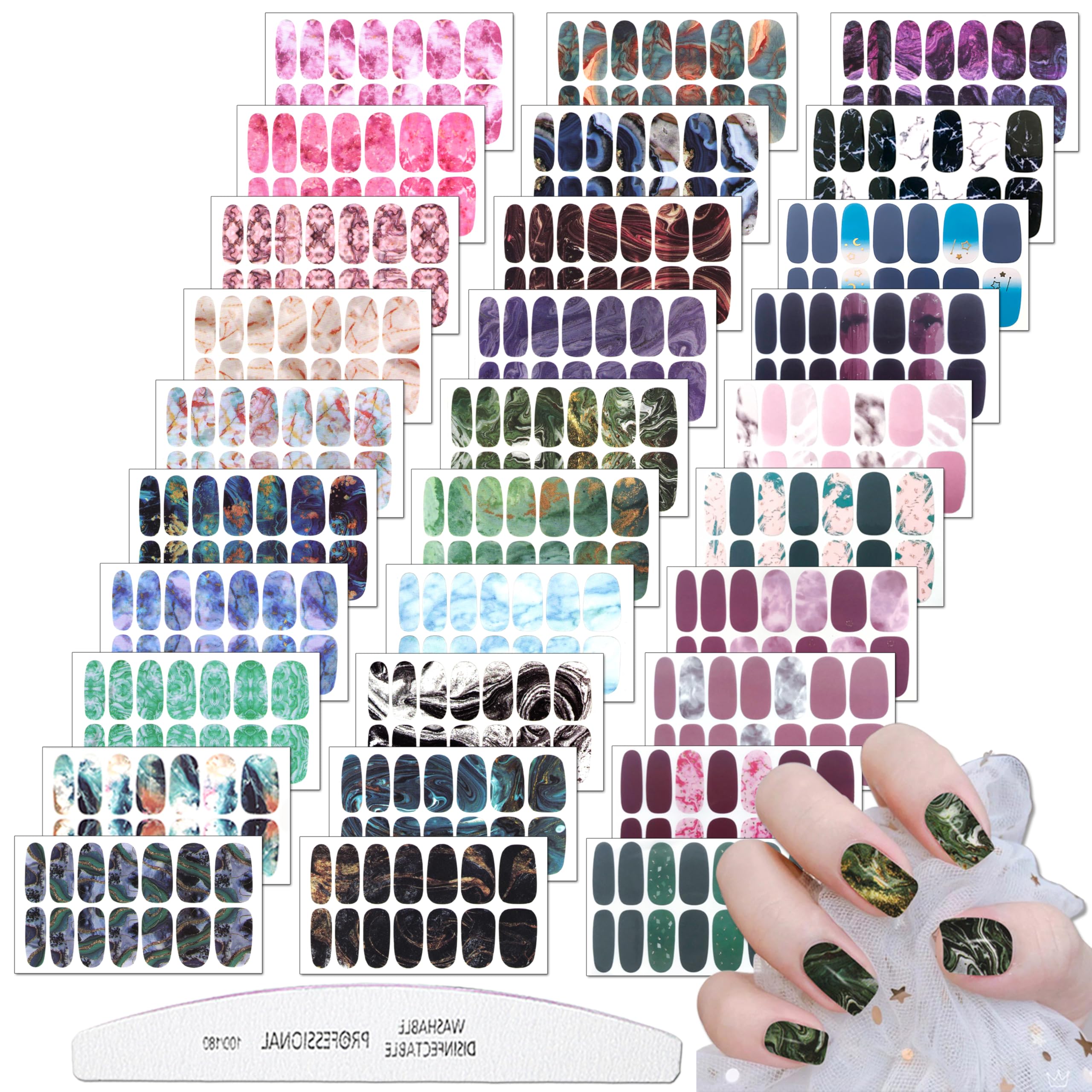 30 Sheets Gradient Color Marbled Nail Polish Strips - Self-Adhesive Press On Nail Stickers with Nail File - Full Nail Wraps for Women - Perfect for Nail Art, Parties, Weddings & Daily Manicures