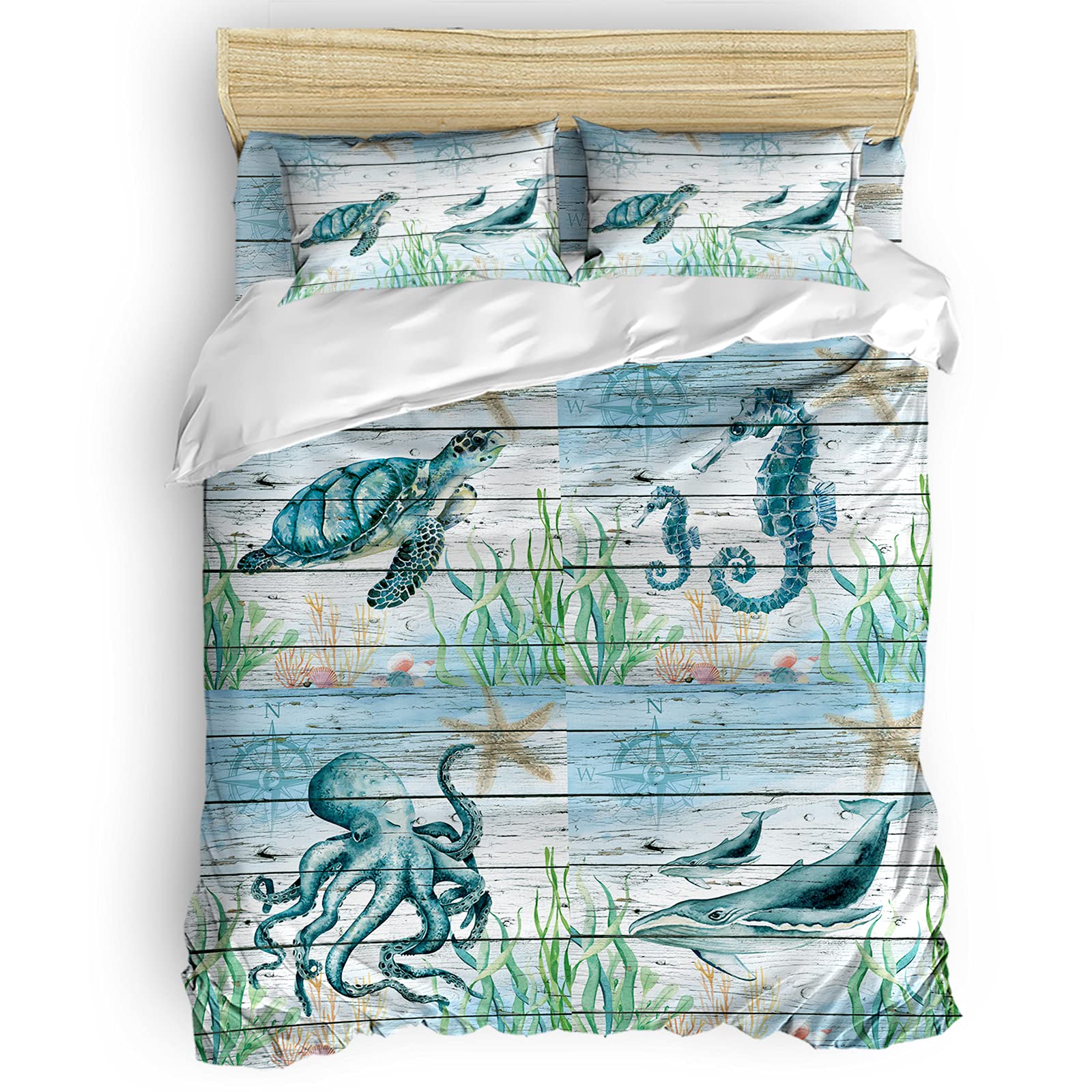 Set of 4 Marine Life Themed Quilt Covers - Coral, Shell, Whale, Sea Turtle, Octopus & Seahorse Designs | Extra Soft California King Bedding Set with Pillowcases | Perfect for Beach House Decor, Kids' Rooms & Coastal Themed Bedrooms