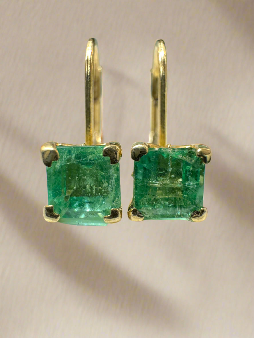 1.44tcw Square Emerald Leverback Fleur De Lis Earrings 14K Gold - Elegant Dangle Earrings for Women, Perfect for Weddings, Parties & Special Occasions