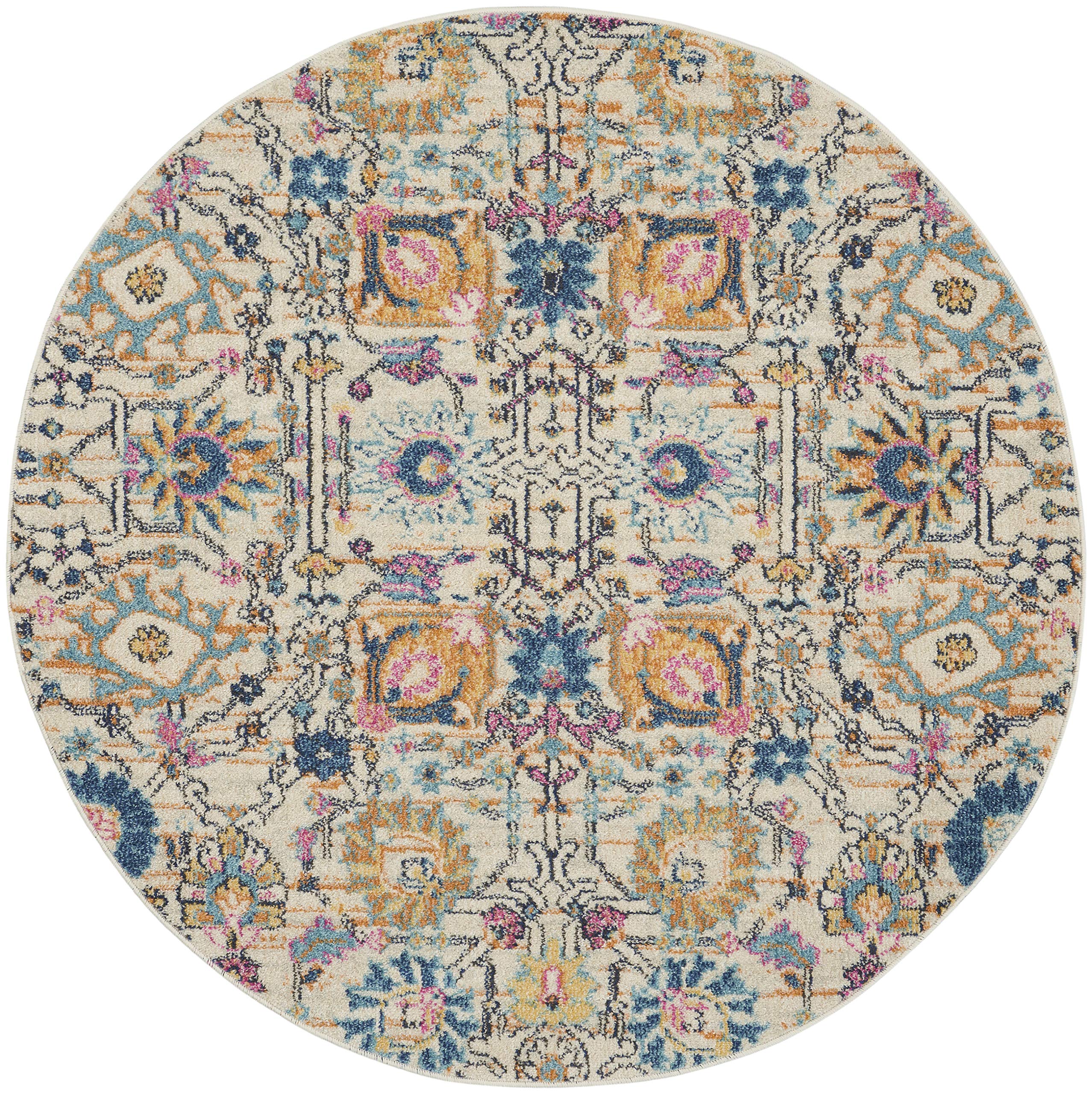 Nourison Passion Ivory/Multi 4' Round Boho Moroccan Area Rug - Non-Shedding, Easy to Clean - Perfect for Bedroom, Living Room, Dining Room & Kitchen Decor