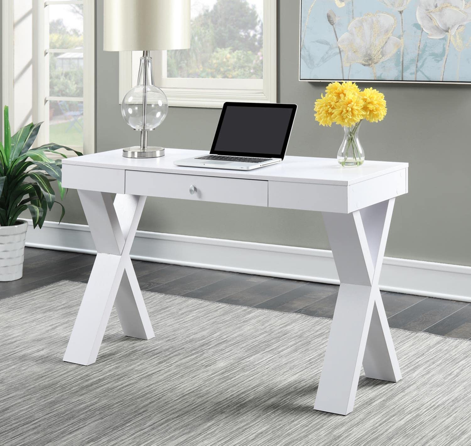 Convenience Concepts Newport 1 Drawer White Writing Desk - Compact Home Office Furniture for Small Spaces, Study Rooms & Dorm Rooms