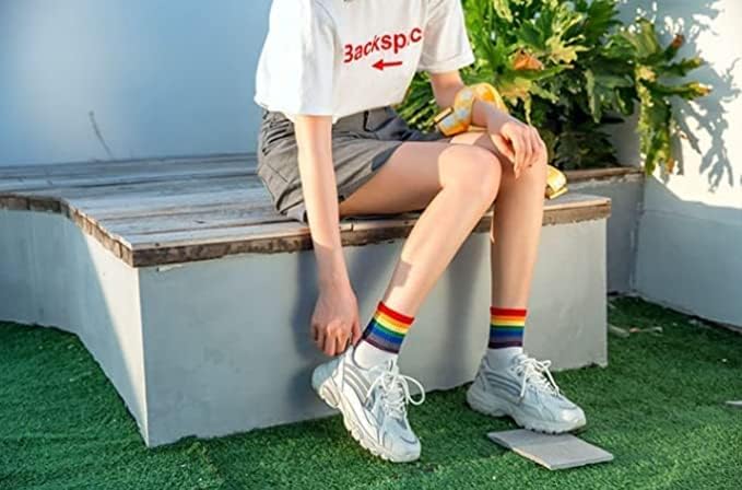 6 Pairs Rainbow Striped Retro Crew Socks for Women - Athletic Running Socks, Casual Cotton Socks (Black & White) - Lightweight & Breathable for Spring & Summer - Perfect for Gym, Running, Workout and Daily Wear