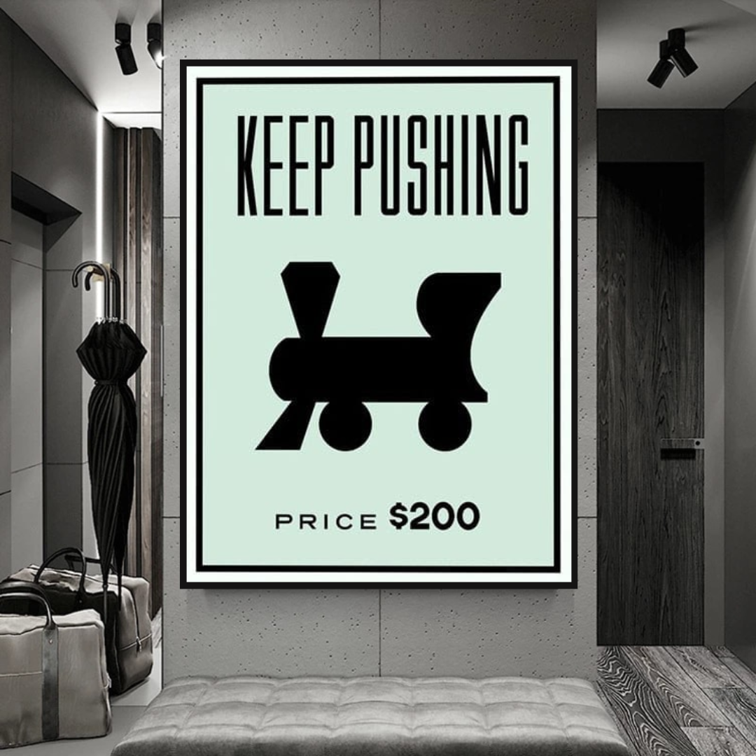 Monopoly Keep Pushing Motivational Canvas Wall Art - Inspirational Office & Home Decor for Gamers & Entrepreneurs