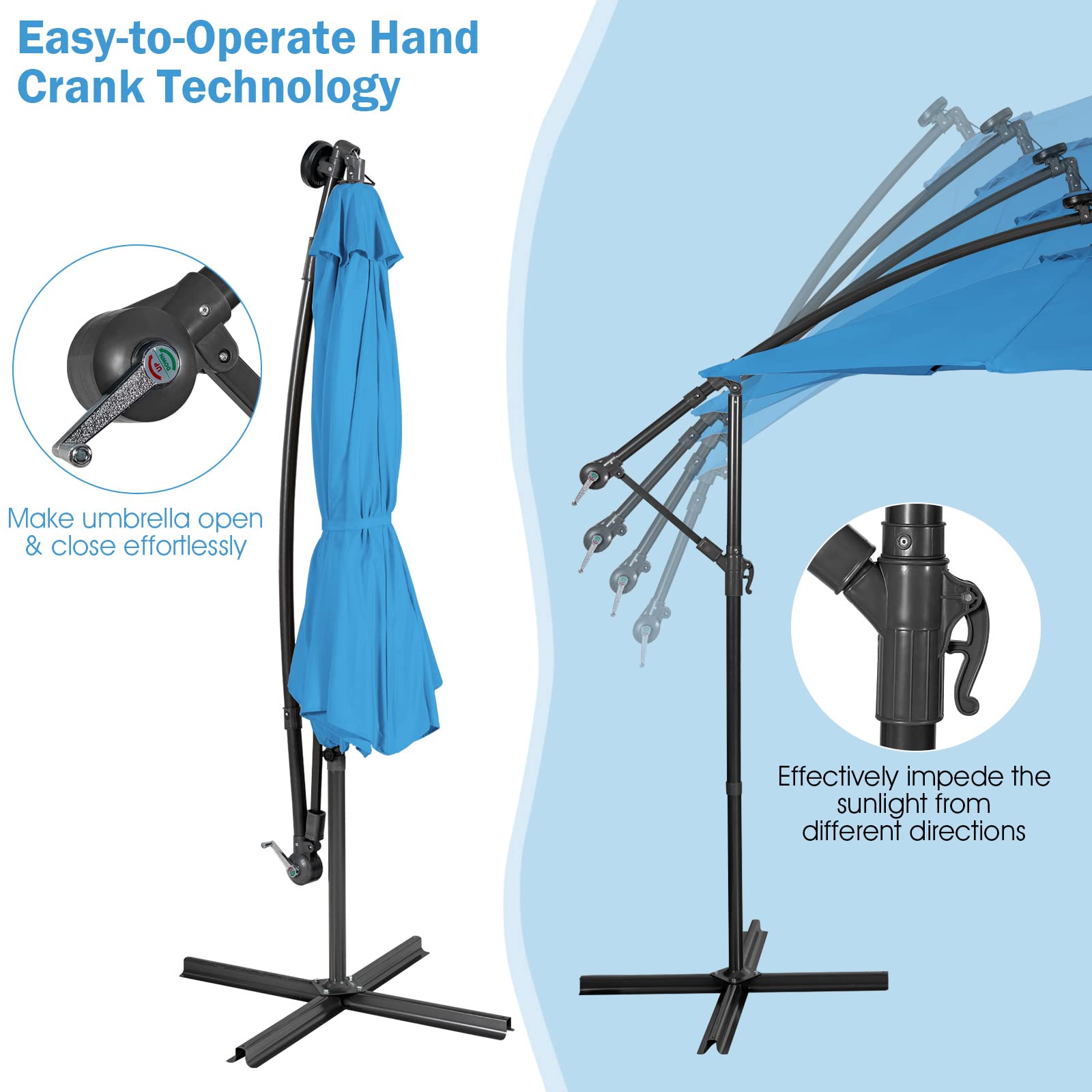 Giantex 10 Ft Solar Powered LED Patio Umbrella with 8 Ribs & Tilting Adjustment - Heavy Duty Cantilever Offset Umbrella for Pool, Garden, and Outdoor Relaxation