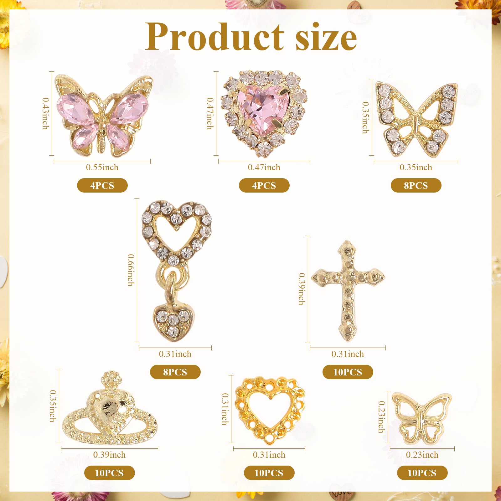 64Pcs 3D Gold Butterfly & Heart Nail Charms - Luxury Nail Art Decorations for Acrylic Nails, Manicure Designs - Perfect for Bridal, Party & Salon Nail Art Accessories