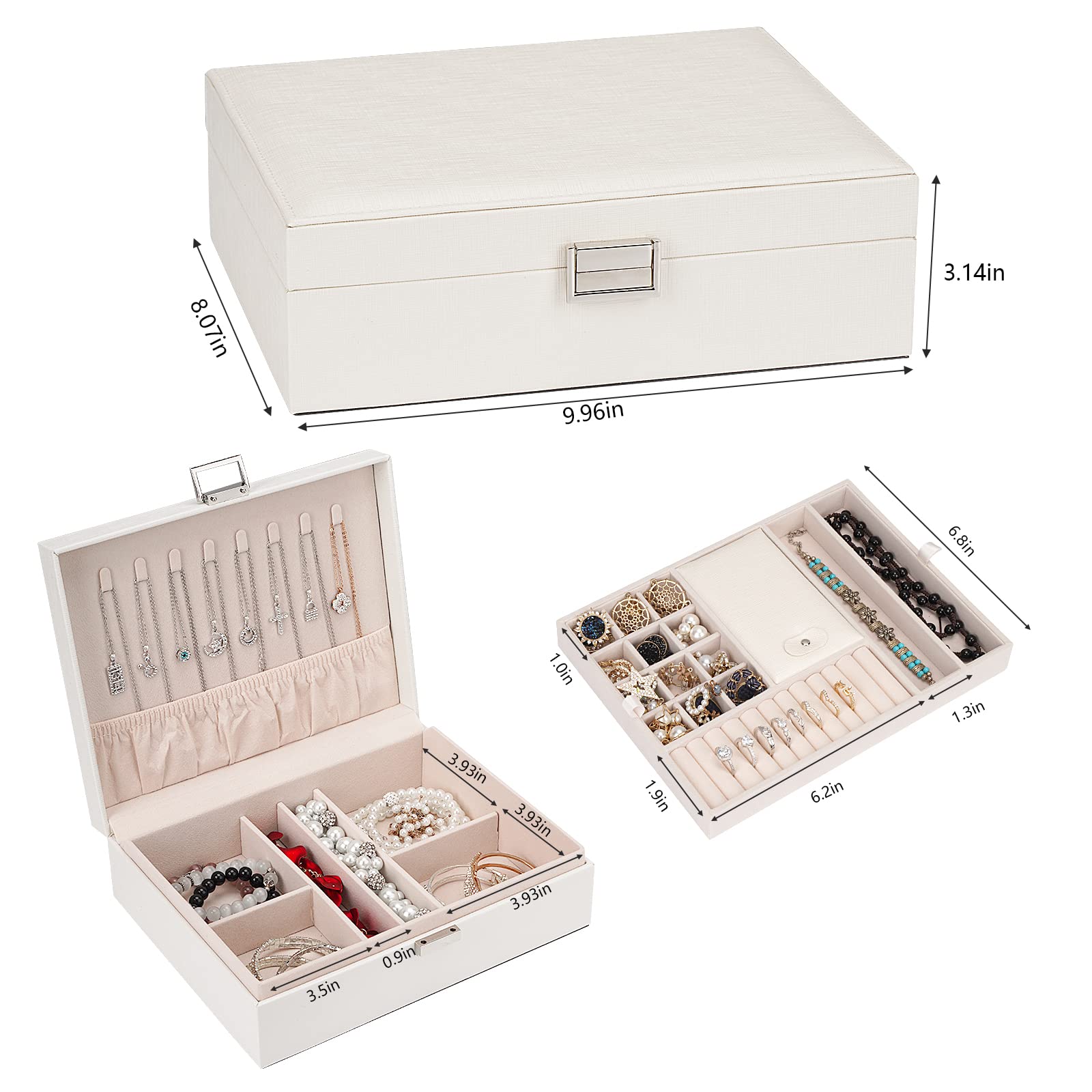 Double Layer Large Jewelry Organizer Box for Women & Girls - Travel Jewelry Case with Mirror & Gift Box (White) - Perfect for Home Storage, Travel & Gifting