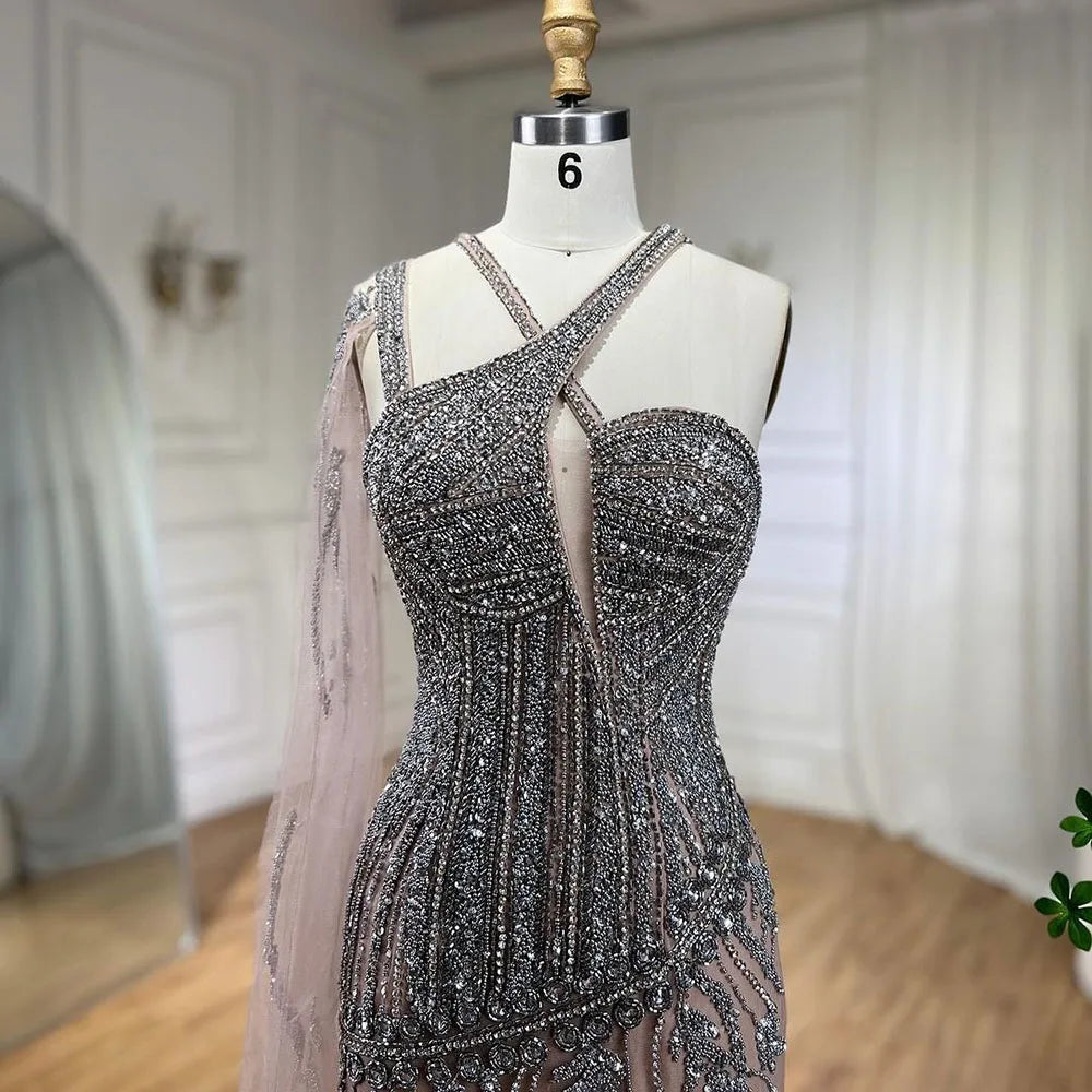 Elegant Gray Nude One Shoulder Cape Sleeves Mermaid Evening Gown with High Slit & Beading - Women's Formal Party Dress LA72368 | Perfect for Prom, Gala, Wedding & Special Occasions