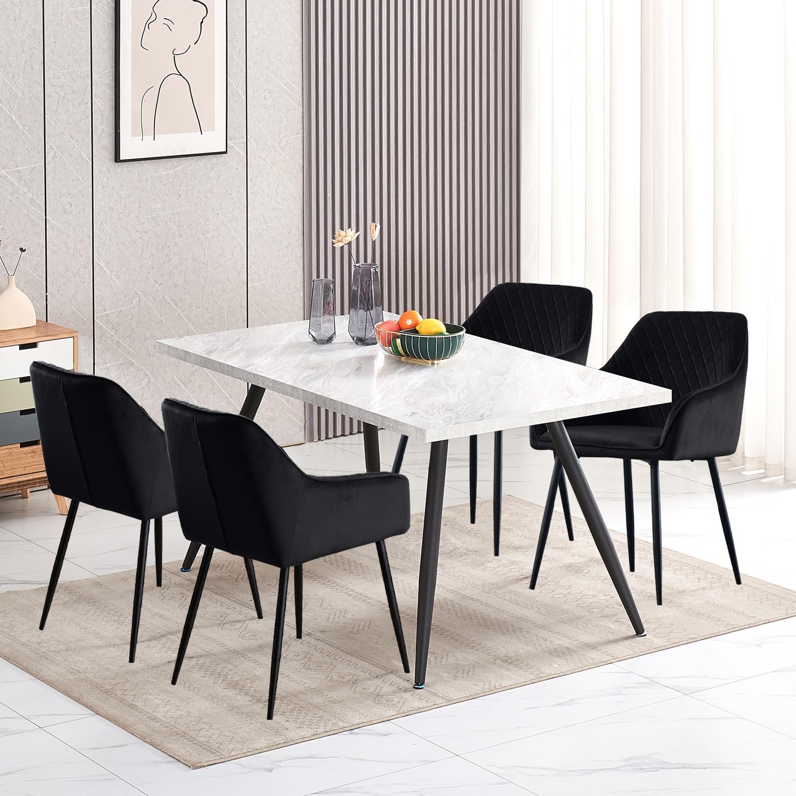 Modern Velvet Upholstered Dining Chairs Set of 4 - Black High Back Kitchen Chairs with Metal Legs for Dining Room, Kitchen, and Home Decor