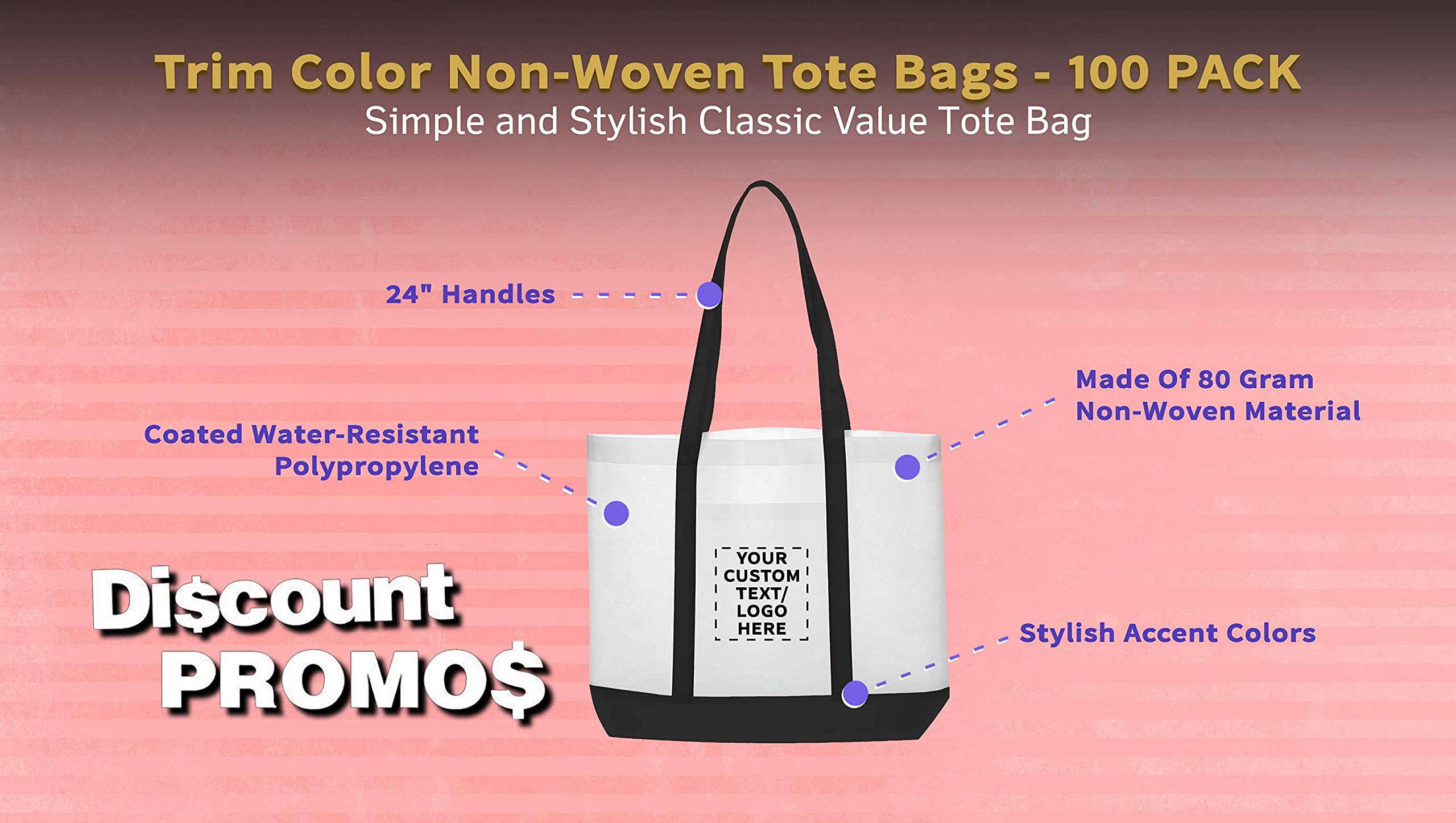 Customizable Non-Woven Tote Bags Set - 100 Durable & Water Resistant Trim Color Tote Bags with Front Pocket - 18