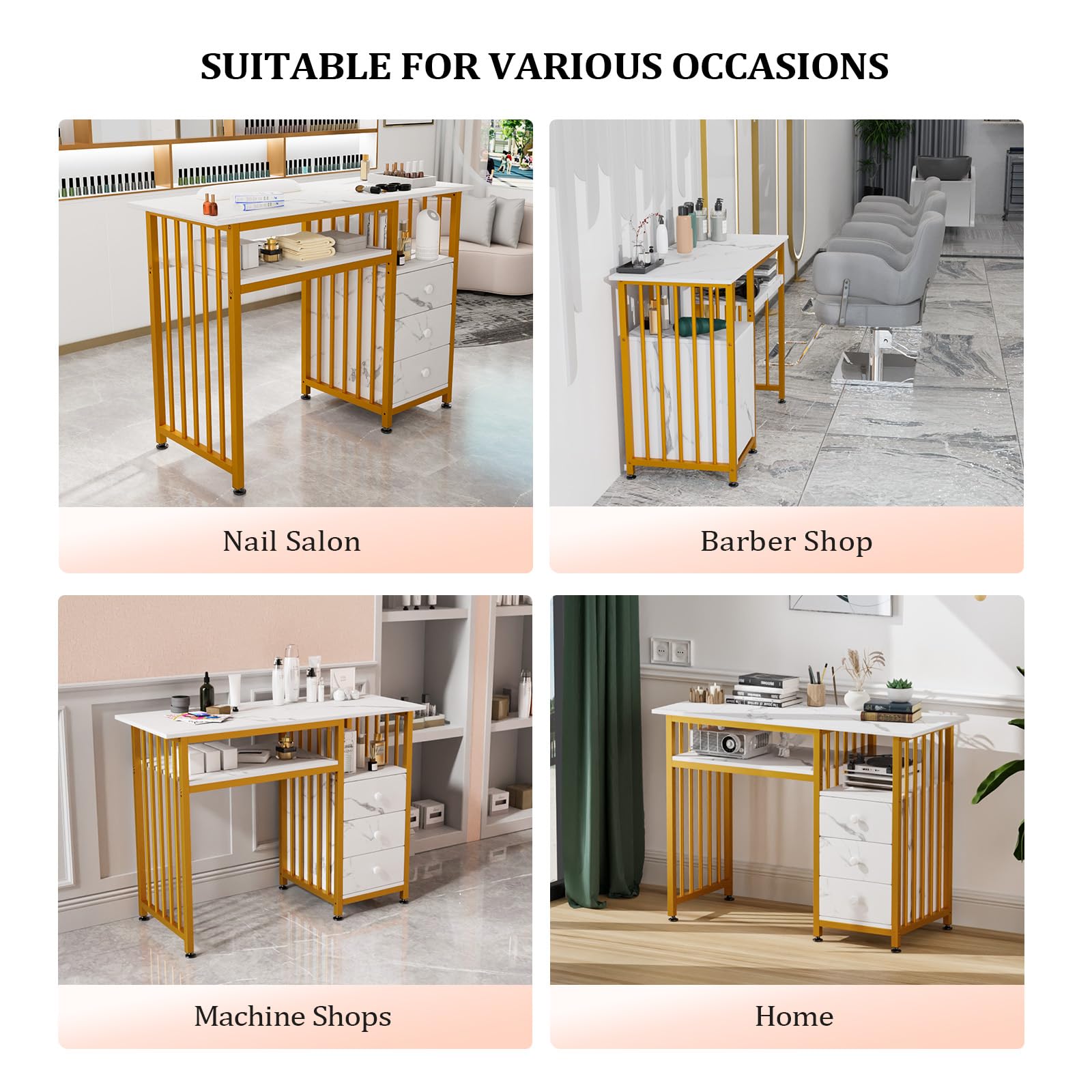 OmySalon Professional Manicure Table & Nail Tech Desk with Marble Texture - Perfect for Nail Salons, Home Studios & Beauty Professionals