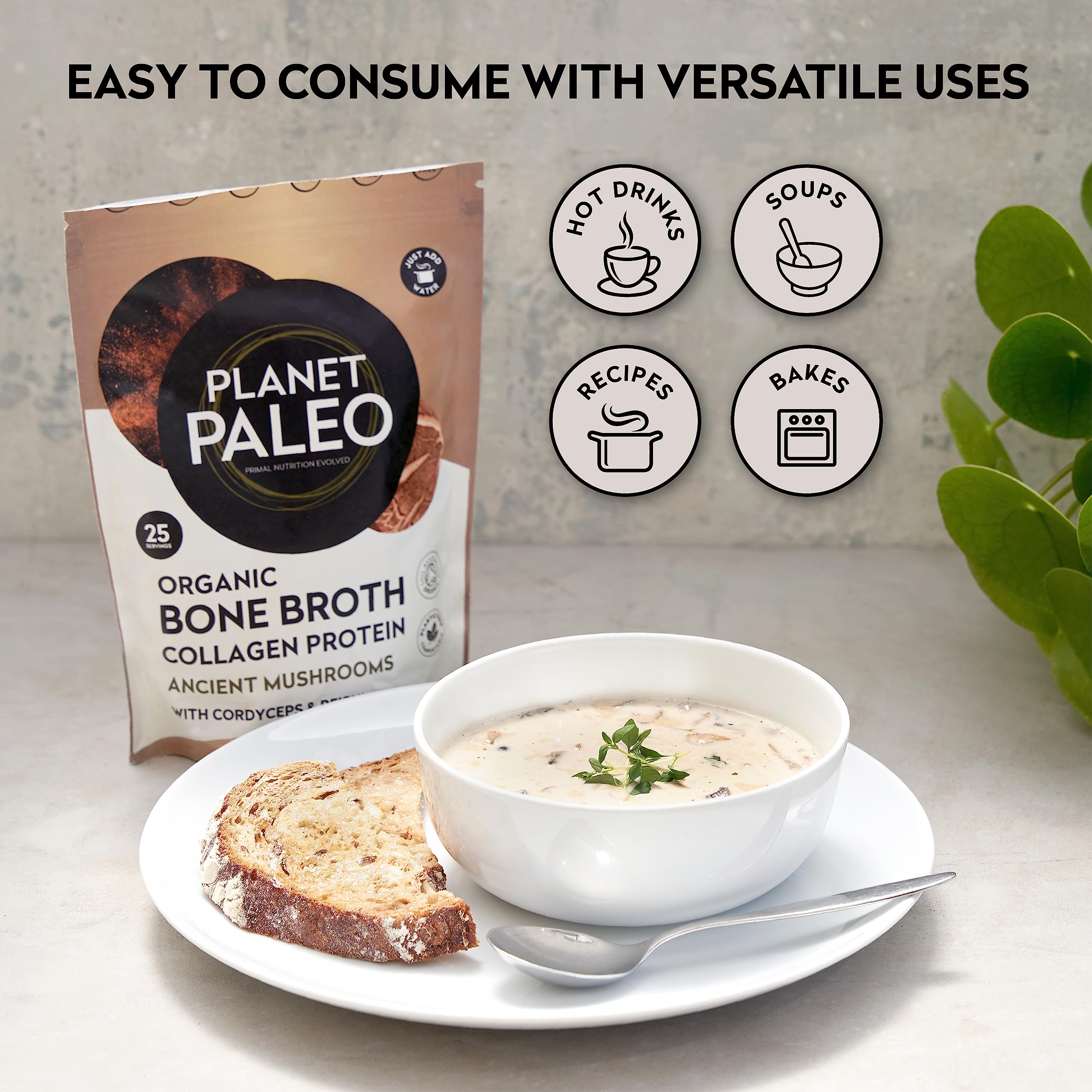 Planet Paleo Organic Bone Broth Powder with Reishi, Cordyceps, Lion's Mane & Shiitake Mushrooms - 225g (25 Servings) - Grass Fed, High Protein, Keto & Paleo Friendly - Supports Immunity & Gut Health - Perfect for Soups, Smoothies & Wellness Drinks