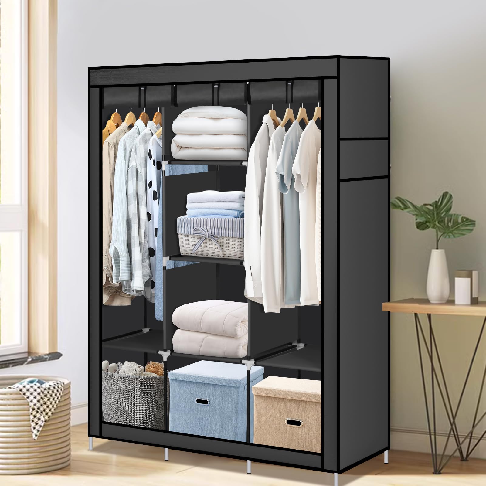 Portable Closet Organizer with 8 Shelves & 2 Hanging Rails - Non-Woven Fabric Wardrobe with Metal Frame (Black) | Space-Saving Clothes Storage for Bedroom, Dorm, Apartment & Travel