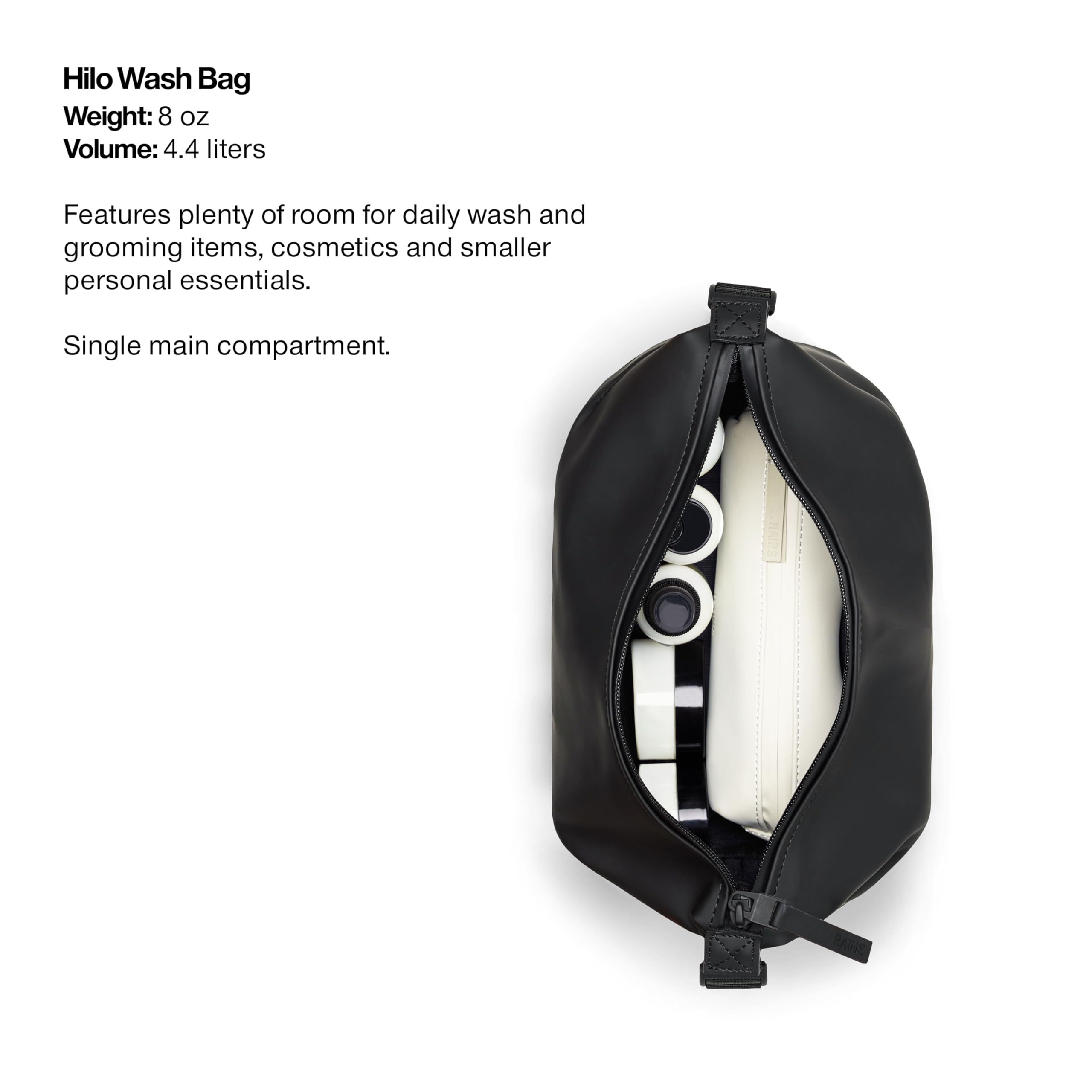 RAINS Hilo Waterproof Toiletry Bag for Travel - Black Cosmetic & Shower Organizer for Men & Women - Perfect for Camping, Gym, Business Trips & Weekend Getaways