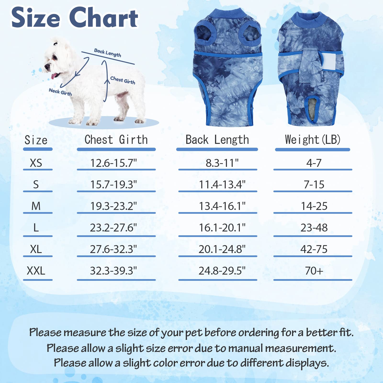 FUAMEY Post-Surgery Recovery Suit for Dogs - Soft, Breathable Dog Bodysuit | E-Collar & Cone Alternative | Male & Female Dog Neuter/Spay Suits | Anti-Licking Wound Protection | Blue Tie Dye Onesie | Perfect for Post-Op Care & Wound Healing