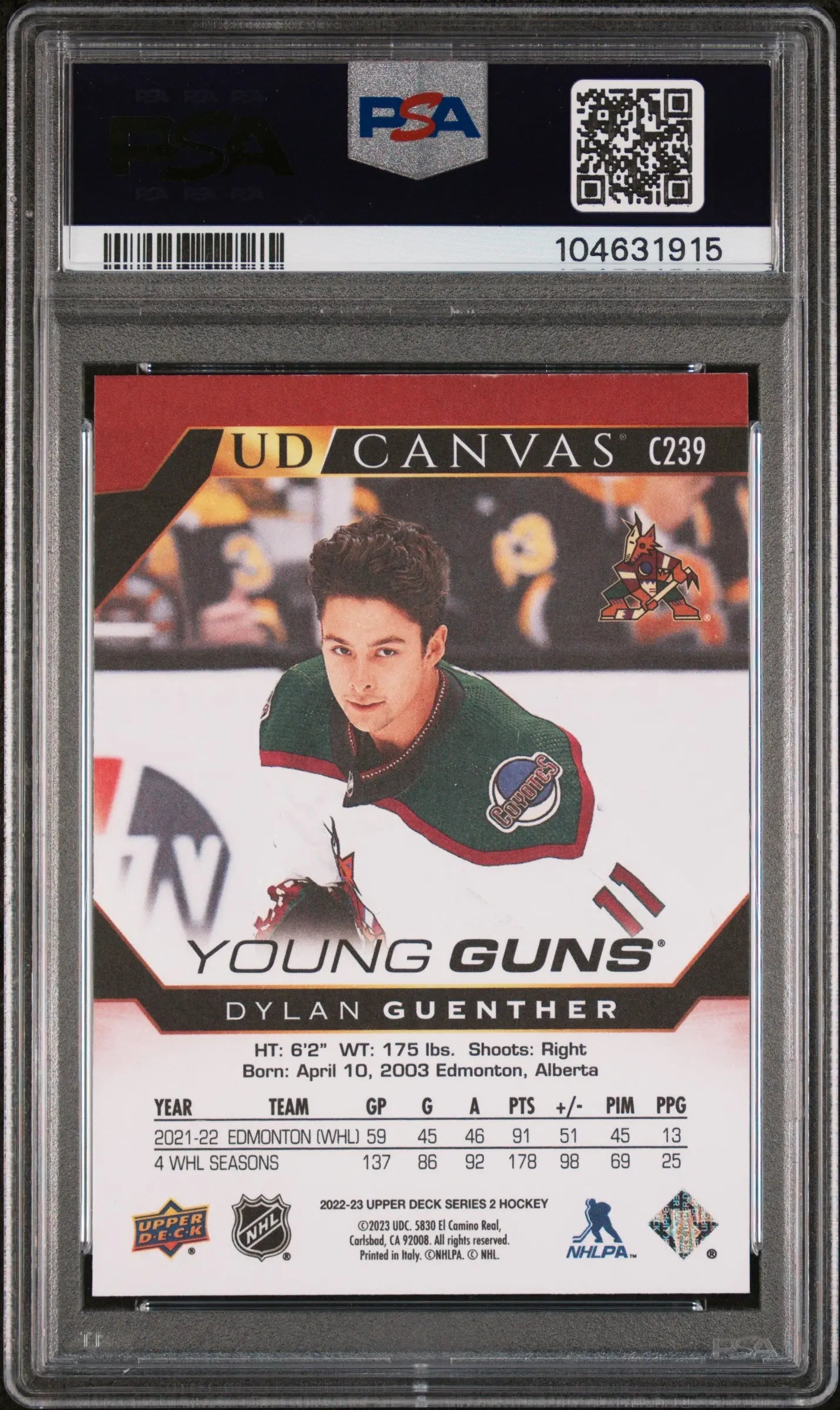 2022-23 Upper Deck Series 2 Hockey Dylan Guenther UD Canvas Young Guns Rookie Card PSA 9 Mint - Perfect for Collectors, Investors & Hockey Fans