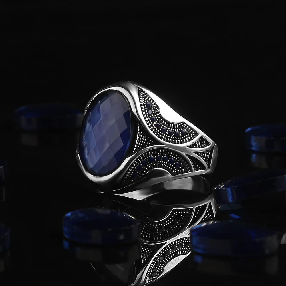 925 Sterling Silver Men's Ring with Genuine Sapphire Gemstone - Handmade Engraved Minimalist Silver Jewelry - Perfect Gift for Husband, Boyfriend, Anniversary - Ideal for Weddings, Date Nights & Special Occasions
