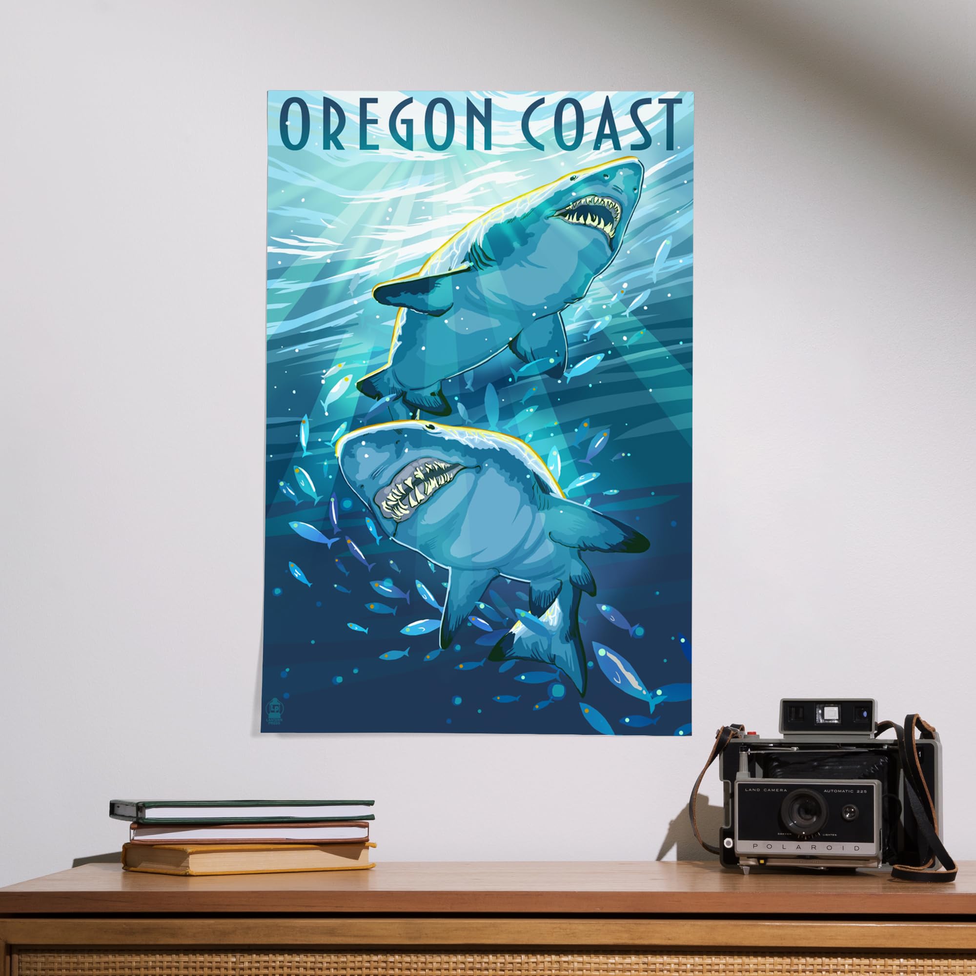 Lantern Press 16x24 Inch Giclee Art Print - Oregon Coast with Great White Sharks Wall Decor - Perfect for Living Room, Bedroom & Office