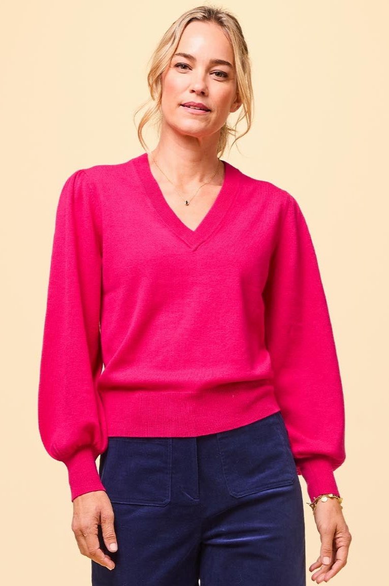 Women's Merino Wool V-Neck Sweater - Soft & Warm Bright Pink Pullover for Fall & Winter | Perfect for Office, Casual Outfits & Layering