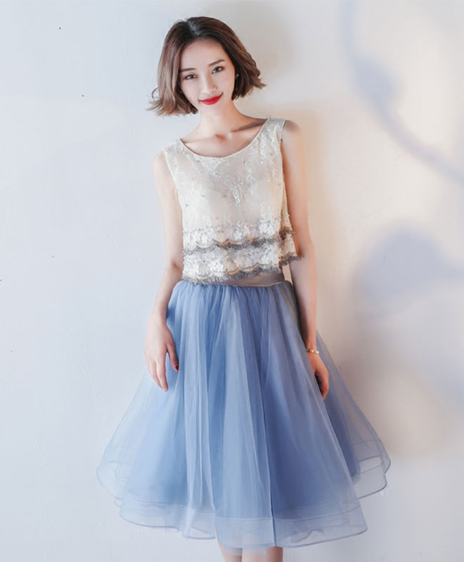 Elegant Blue Lace Tulle Knee-Length Prom Dress | Homecoming Ball Gown | Perfect for Formal Dances, Weddings & Special Occasions