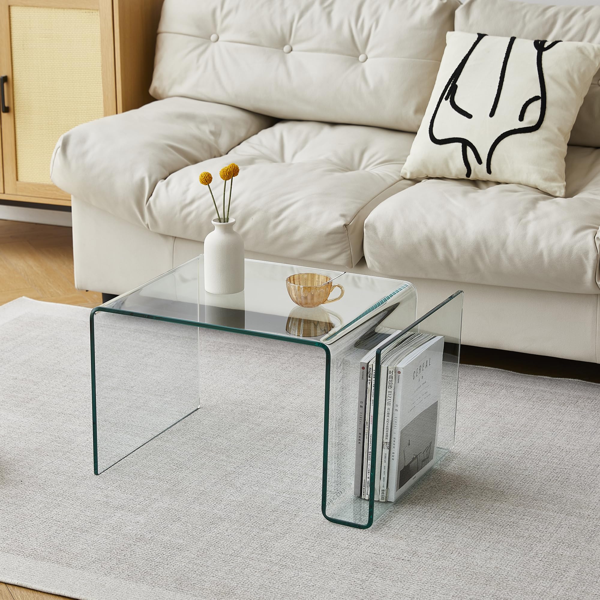 Clear Glass Nightstand - Modern S-Shaped End Table for Bedroom & Living Room, 16.55