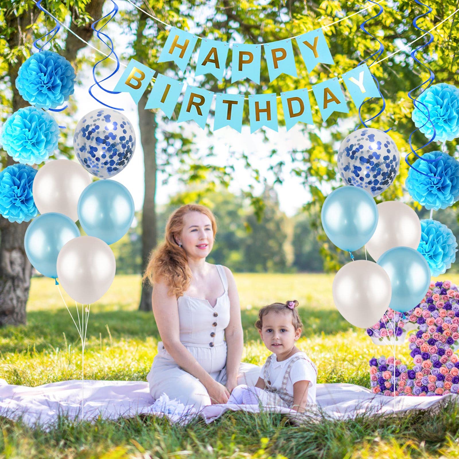 Blue and White Birthday Party Decoration Kit - Happy Birthday Banner, Spiral Charm, Paper Flower Ball, Latex Balloons & Confetti Balloons for Boys Birthday Party Supplies | Perfect for Indoor/Outdoor Birthday Celebrations, Baby Showers & Special Events
