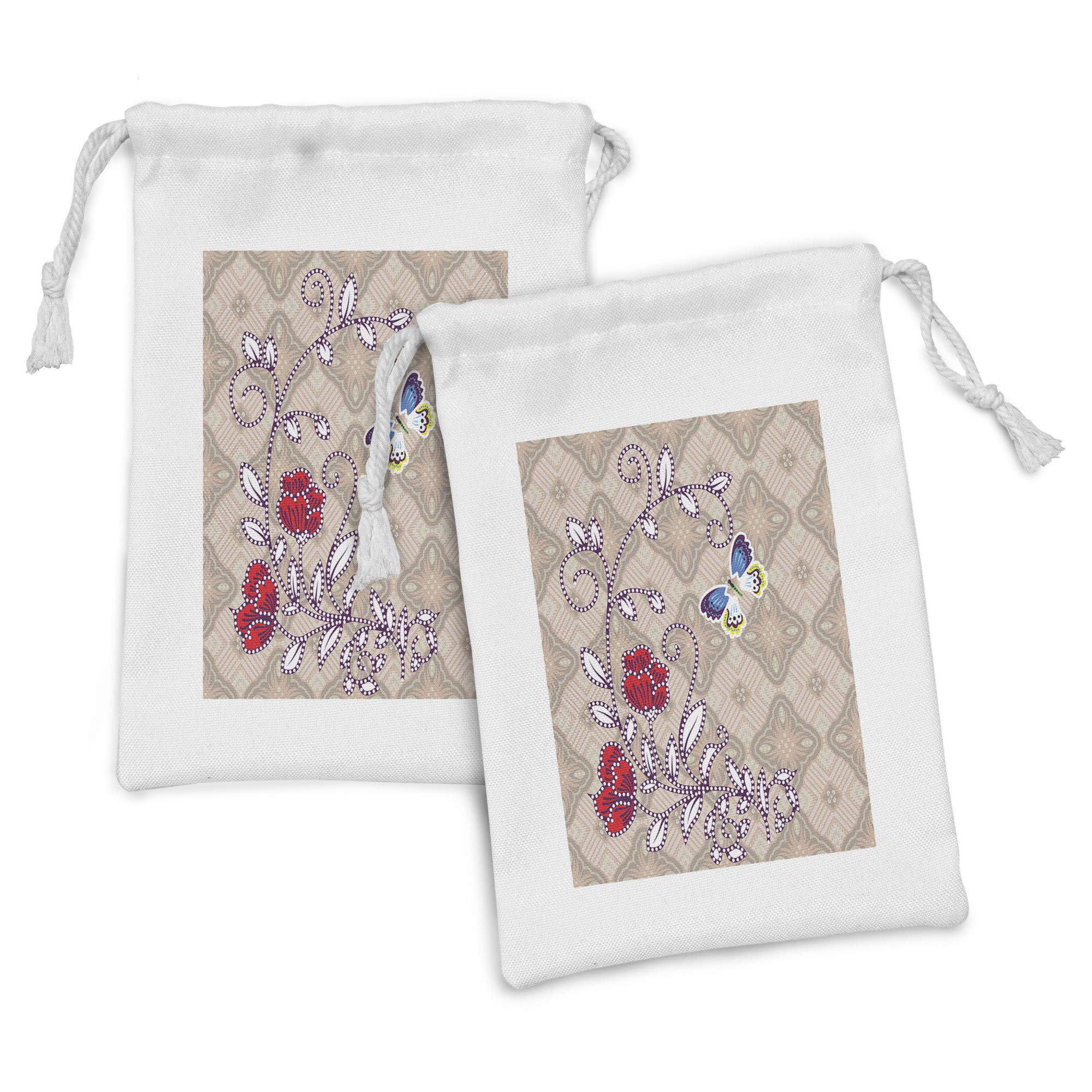 Ambesonne Batik Fabric Pouch Set of 2 - Floral Body with Curved Branch & Butterflies Retro Print Small Drawstring Bag (9